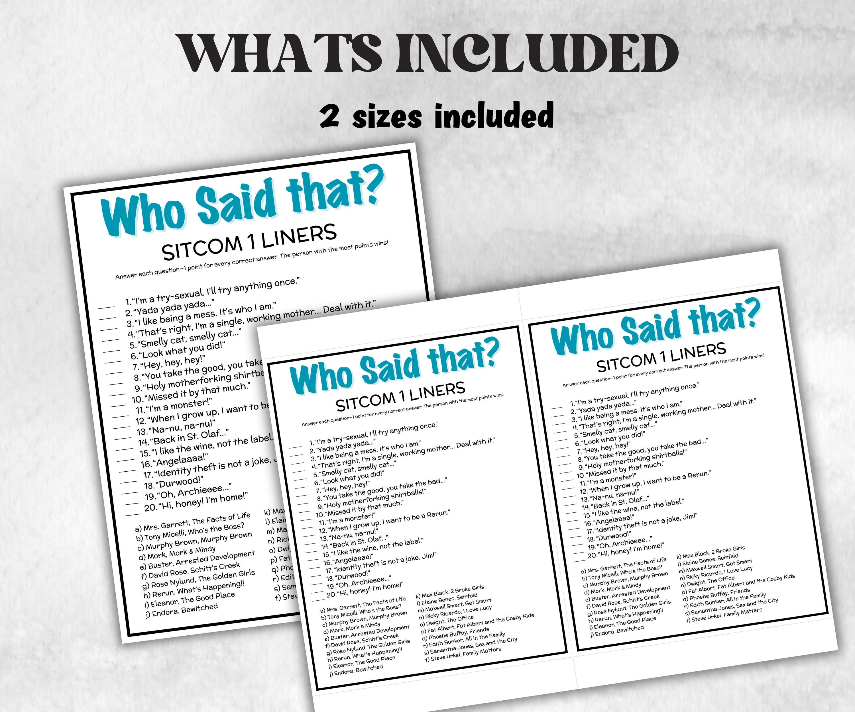 TV Sitcom 1 liners Quiz, Television Trivia Party Game, Pop Culture, Kids Teens Adult, Family Game Movie Night, Office Party, TV Show party-Holidays -TheHustlingCatLady-Party Games