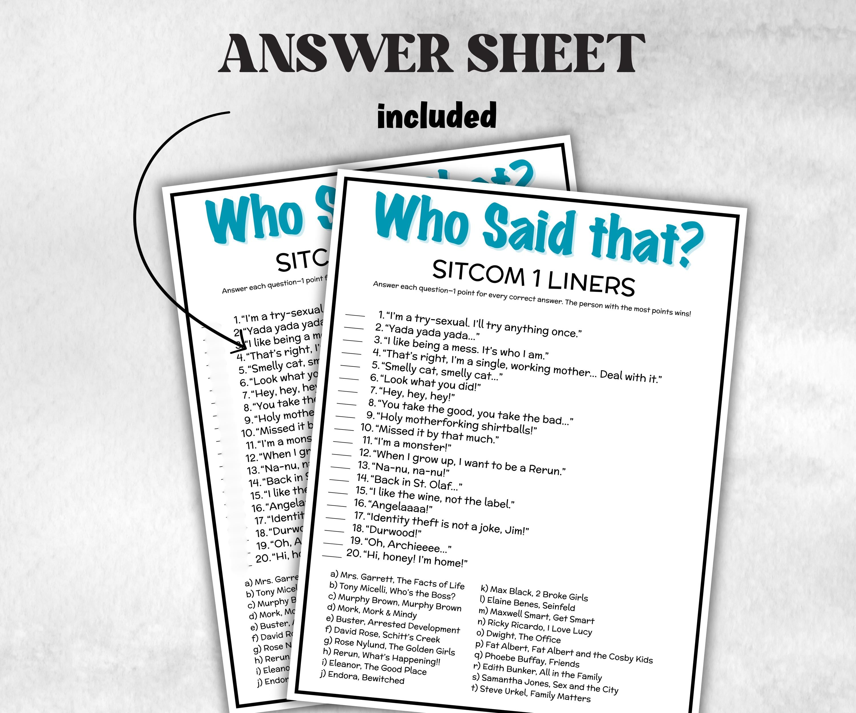 TV Sitcom 1 liners Quiz, Television Trivia Party Game, Pop Culture, Kids Teens Adult, Family Game Movie Night, Office Party, TV Show party-Holidays -TheHustlingCatLady-Party Games