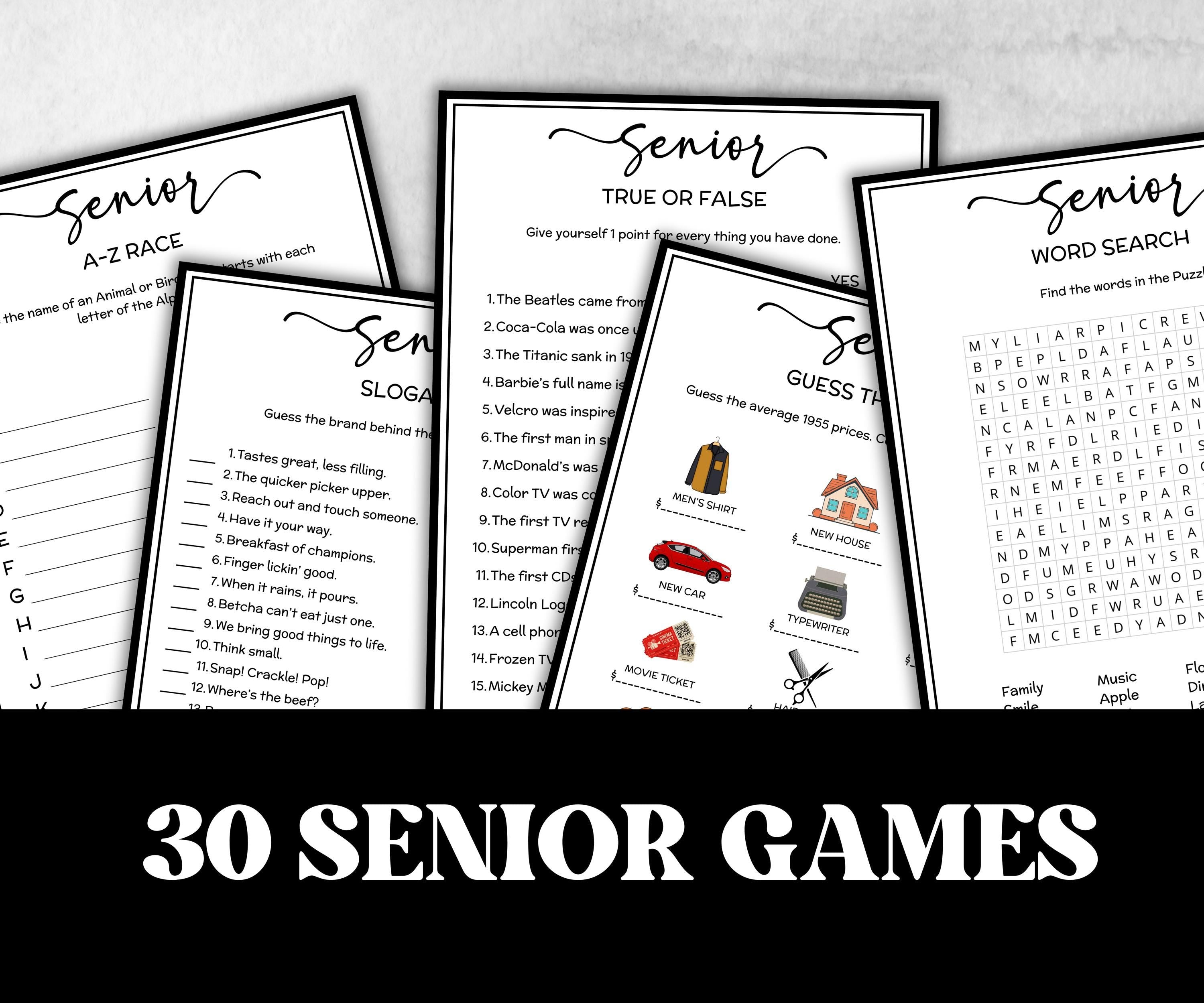 Elderly Retirement games bundle, senior birthday memory game, Senior Living trivia, brain teasers, activity for seniors, grandparents games-Holidays -TheHustlingCatLady-Party Games