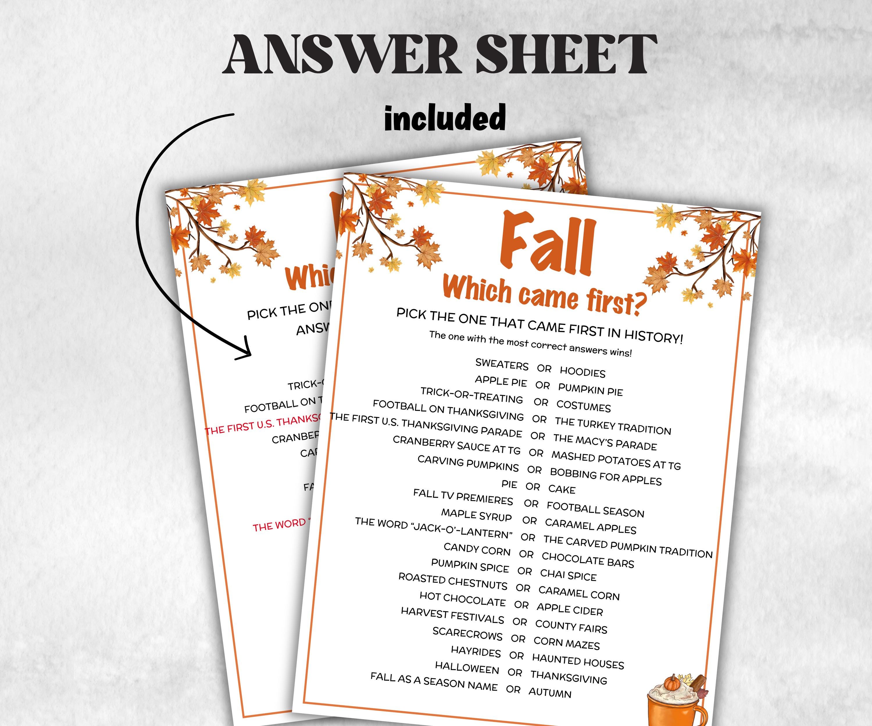 Fall Which Came First, fall Season, Autumn Match UpTrivia Game, , Senior Game night, family game activity, Kids Teen Adult party guess games-Thanksgiving -TheHustlingCatLady-Party Games