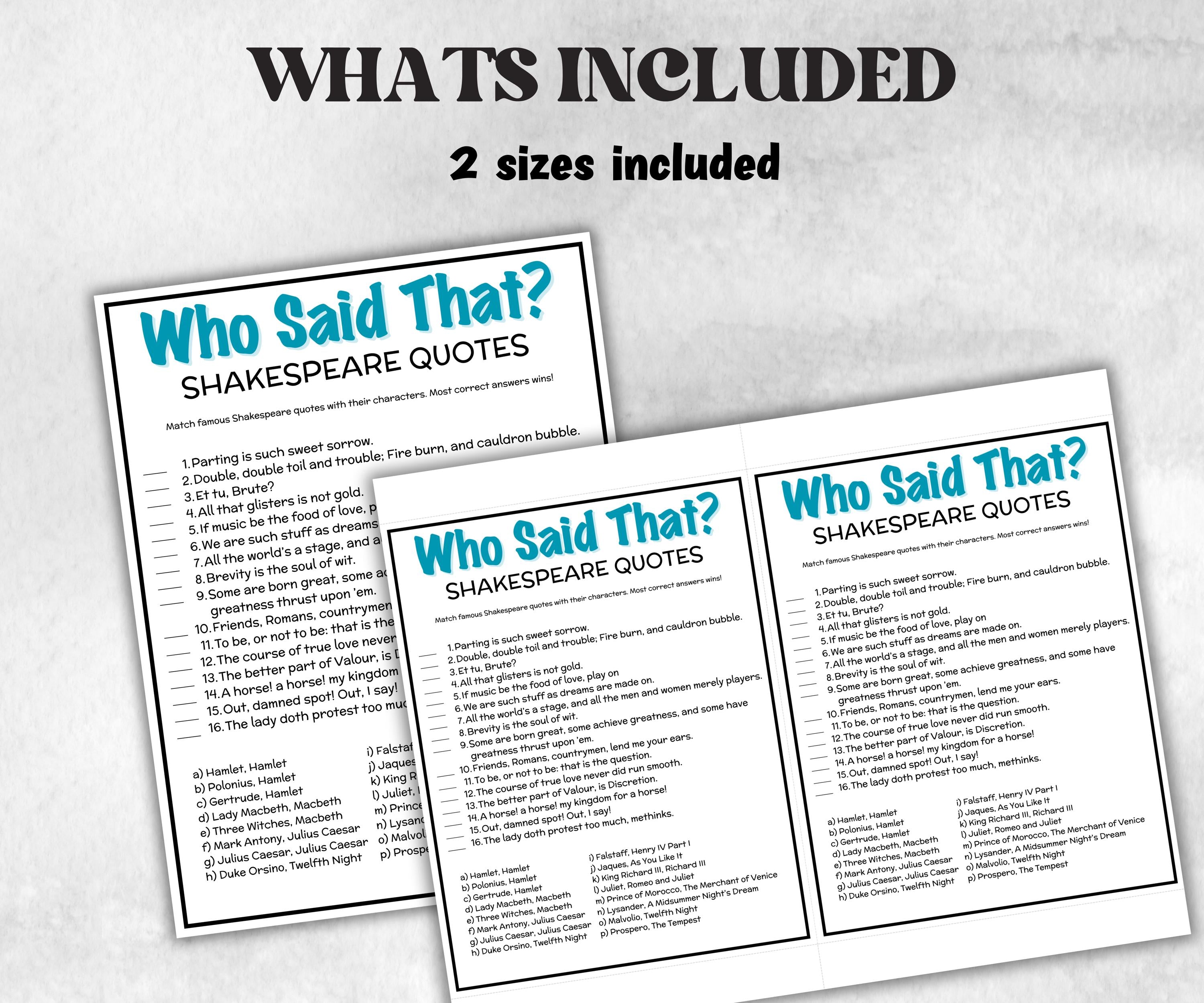 Famous Shakespeare Quotes Trivia Game, Shakespeare Quiz, Pop Culture Game, Teens & Adults, Family Game Night, Office Party Fun,Classroom Fun-Holidays -TheHustlingCatLady-Party Games