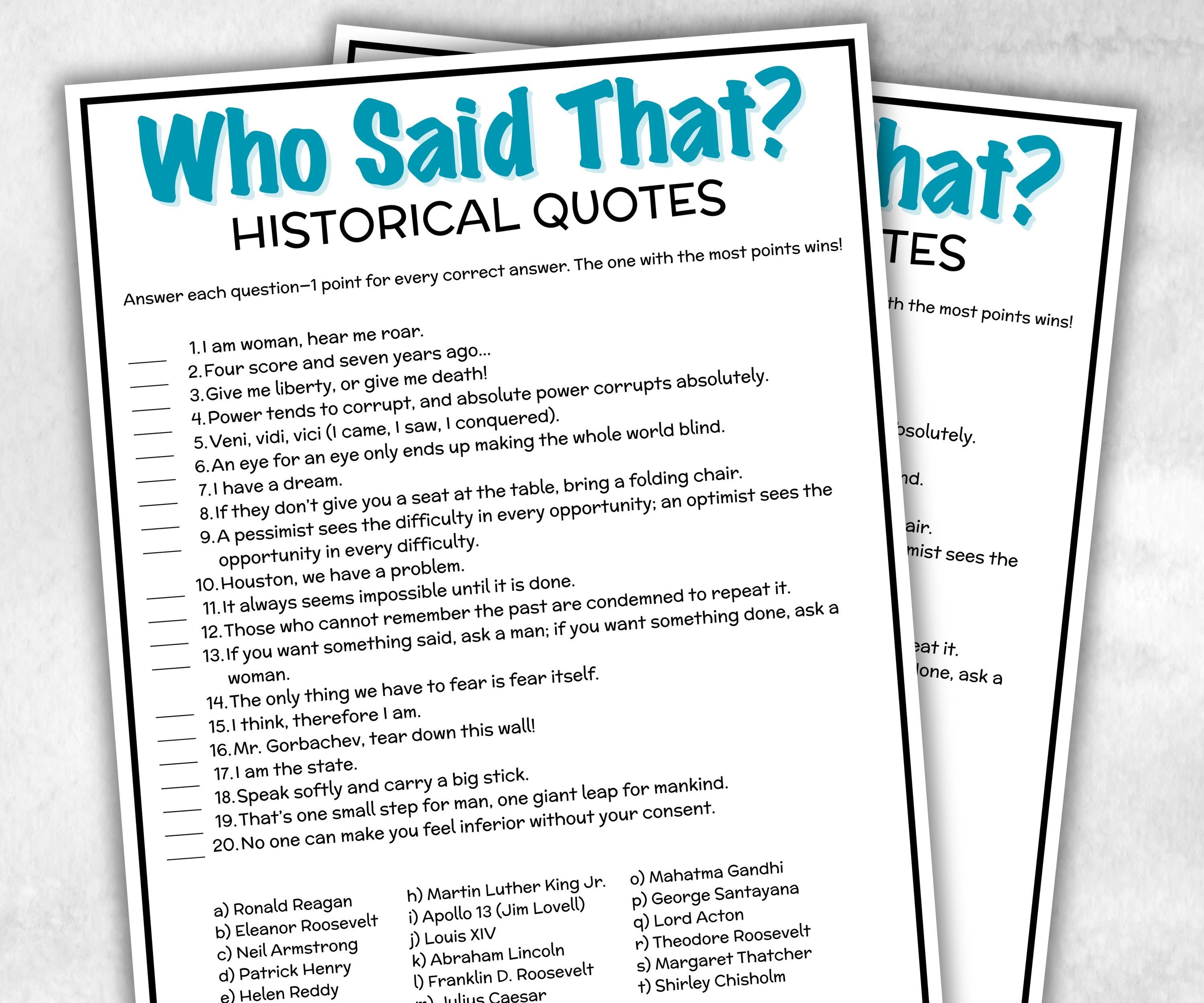 Famous Historical Quotes Trivia Game, History Quiz, Pop Culture Game, Teens & Adults, Family Game Night, Office Party Fun,Classroom Fun-Holidays -TheHustlingCatLady-Party Games