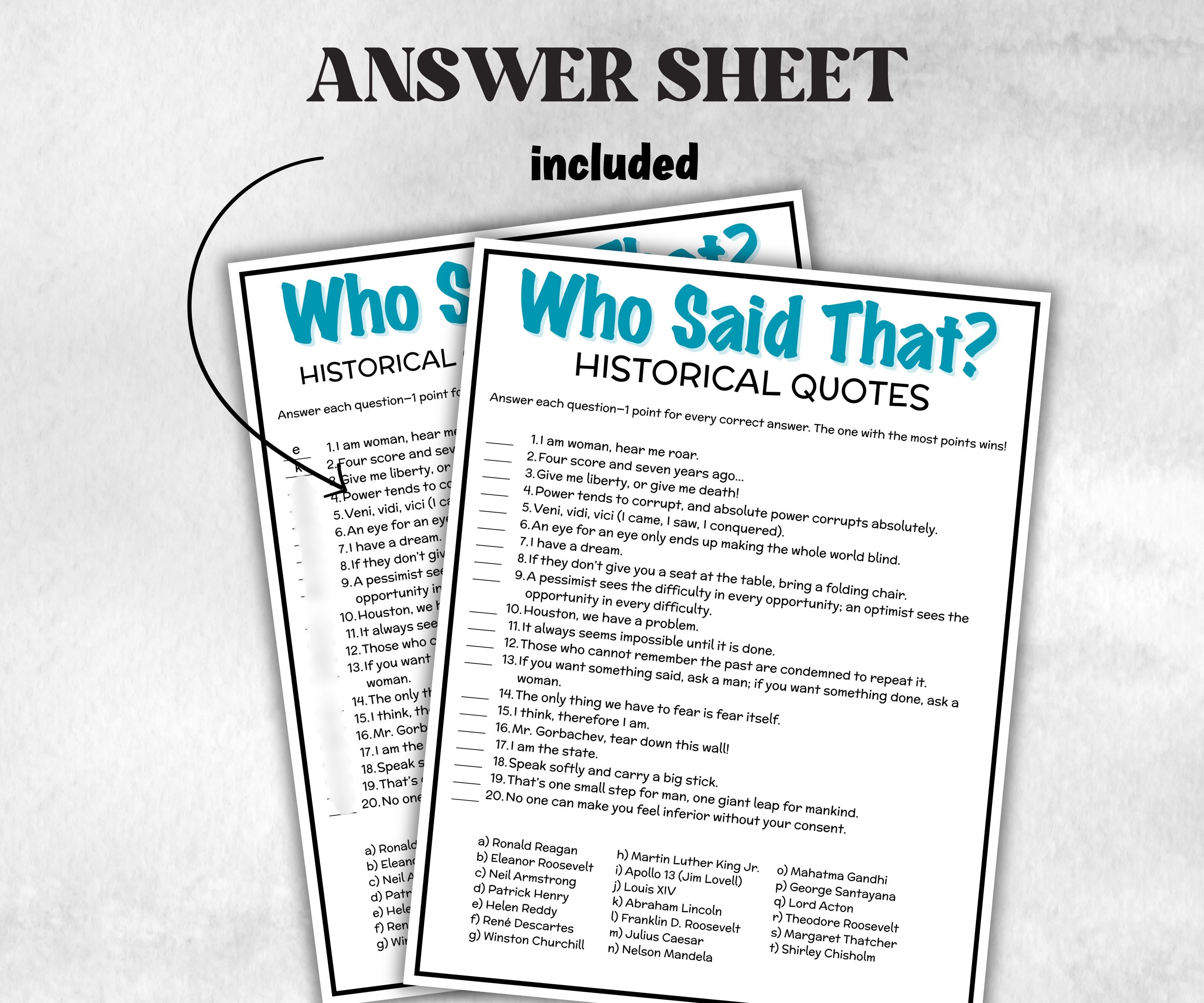 Famous Historical Quotes Trivia Game, History Quiz, Pop Culture Game, Teens & Adults, Family Game Night, Office Party Fun,Classroom Fun-Holidays -TheHustlingCatLady-Party Games