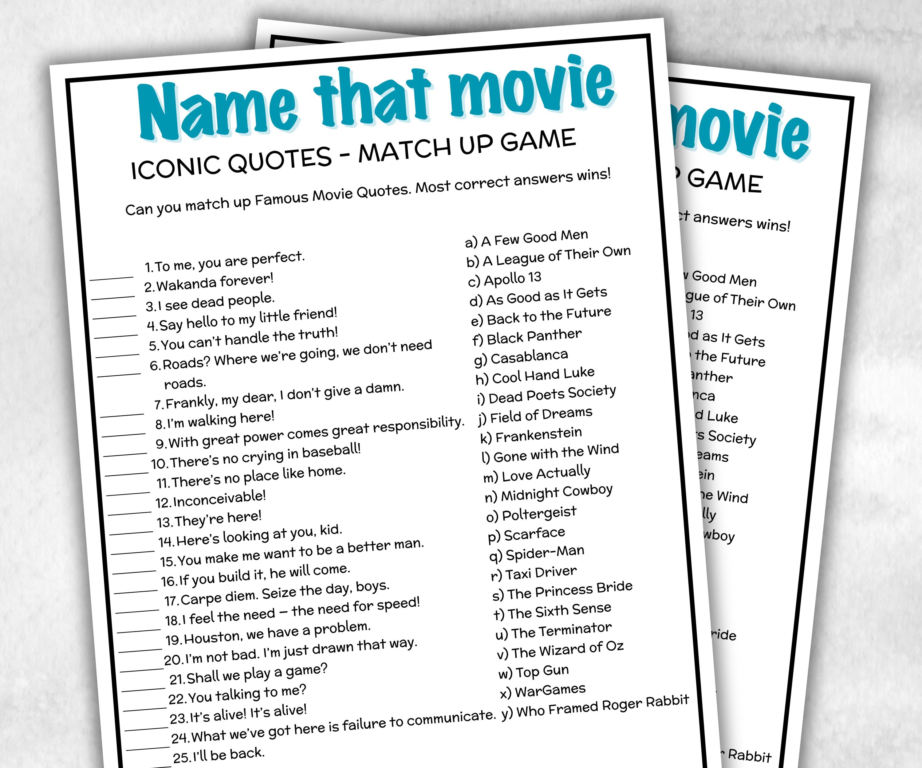 Name that Movie game, movie quote memory, silver screen quiz, movie trivia quiz, Iconic Movie Lines, Silver Screen Quiz Party, Popcorn Night-Holidays -TheHustlingCatLady-Party Games