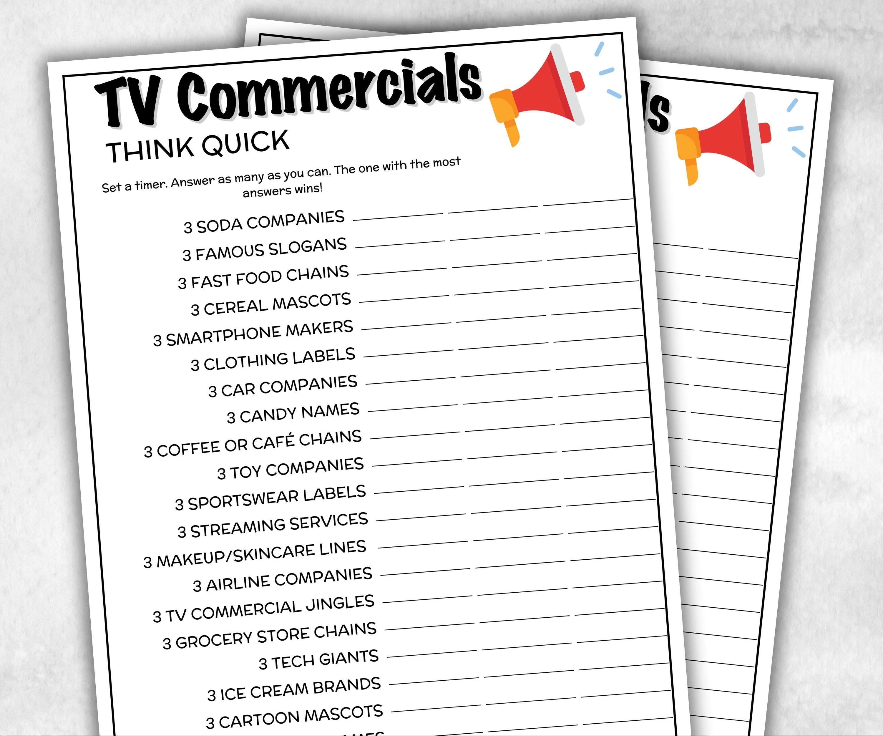 TV Commercial Think Quick Trivia, TV Commercial Quiz, Pop Culture, Family Game Night, Office Party, Kids Teens Adult fun, Trivia Night Party-Holidays -TheHustlingCatLady-Party Games