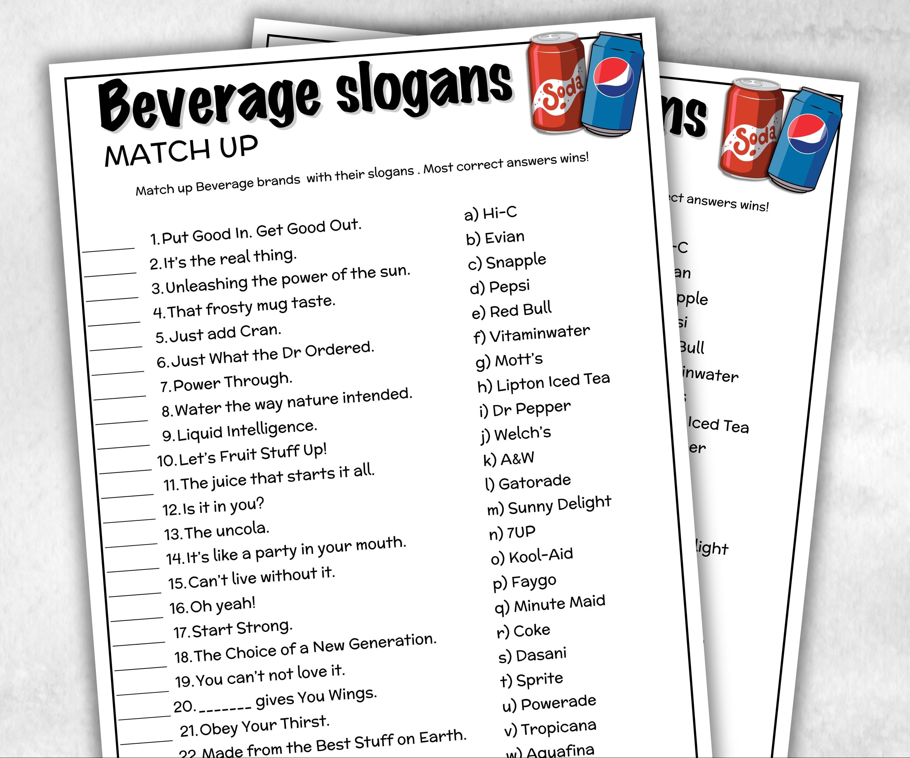 Beverage Slogans Trivia, TV Commercial Trivia, Cereal Slogan, Juice Trivia, Soda Drink Office Party, Teens Adult, Ad Slogan Match Up Quiz-Holidays -TheHustlingCatLady-Party Games