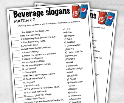Beverage Slogans Trivia, TV Commercial Trivia, Cereal Slogan, Juice Trivia, Soda Drink Office Party, Teens Adult, Ad Slogan Match Up Quiz-Holidays -TheHustlingCatLady-Party Games