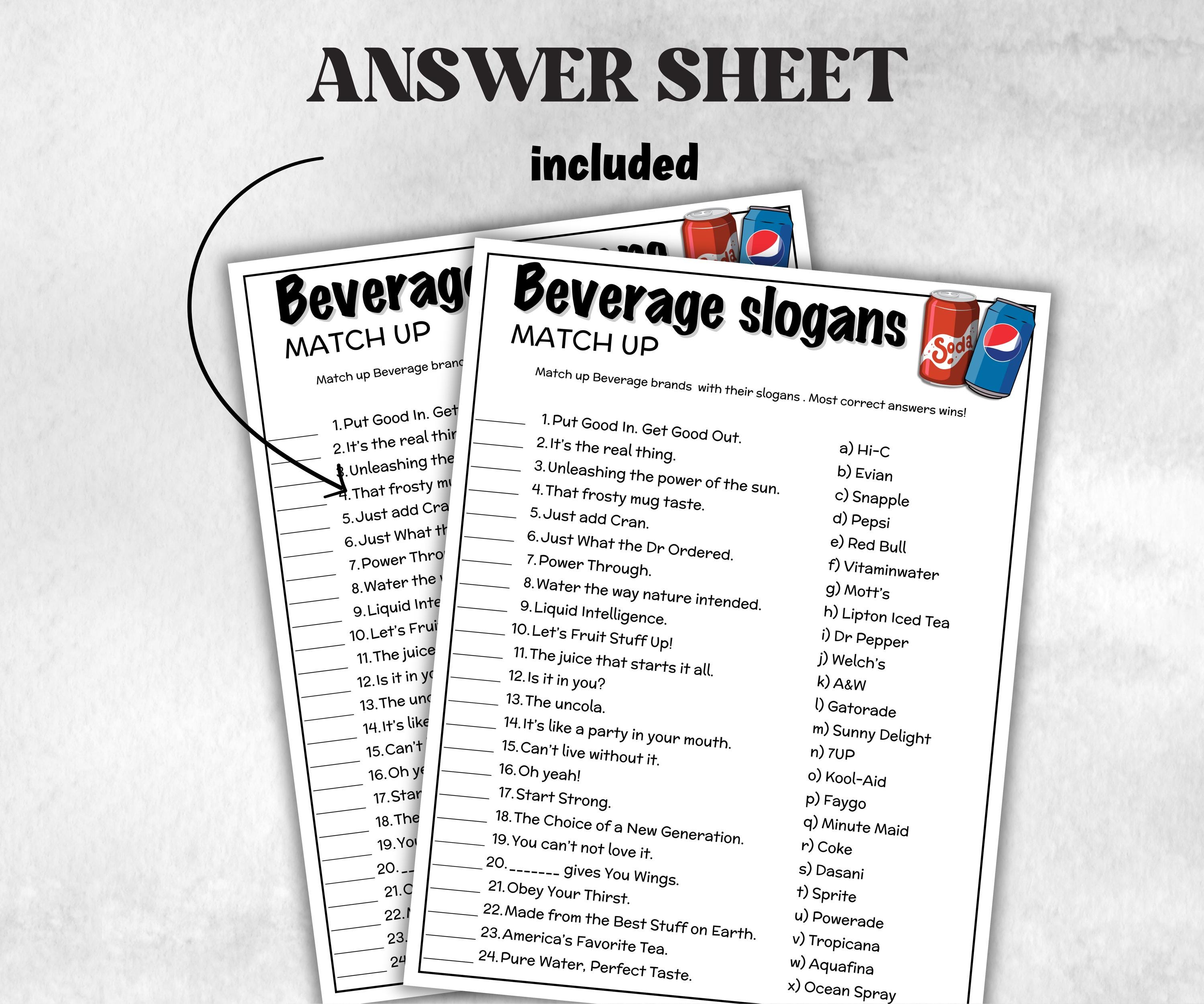 Beverage Slogans Trivia, TV Commercial Trivia, Cereal Slogan, Juice Trivia, Soda Drink Office Party, Teens Adult, Ad Slogan Match Up Quiz-Holidays -TheHustlingCatLady-Party Games