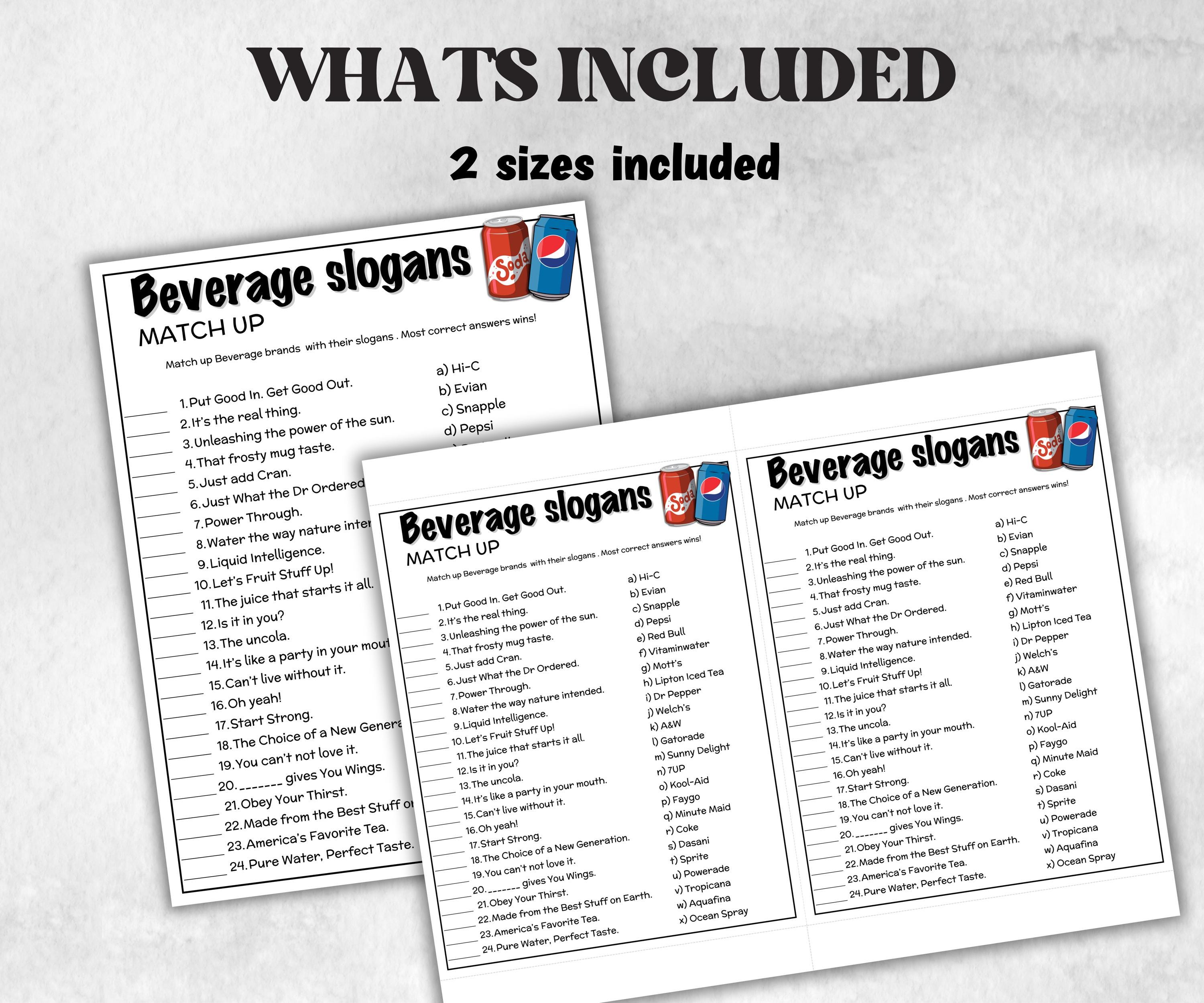 Beverage Slogans Trivia, TV Commercial Trivia, Cereal Slogan, Juice Trivia, Soda Drink Office Party, Teens Adult, Ad Slogan Match Up Quiz-Holidays -TheHustlingCatLady-Party Games