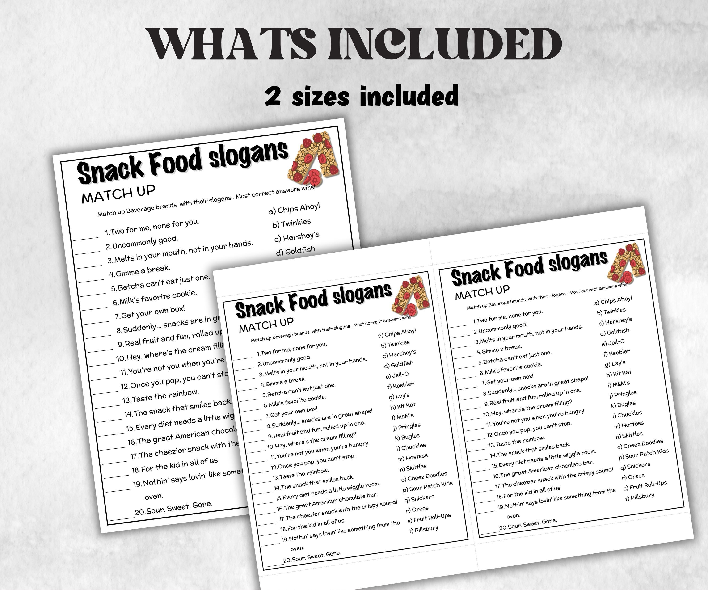 Snack Food Slogan Trivia, TV Commercial Trivia,Soda Drink Office Party, Teens Adult,Ad Slogan Match Up Quiz game, Pizza Burger, Trivia Night-Holidays -TheHustlingCatLady-Party Games