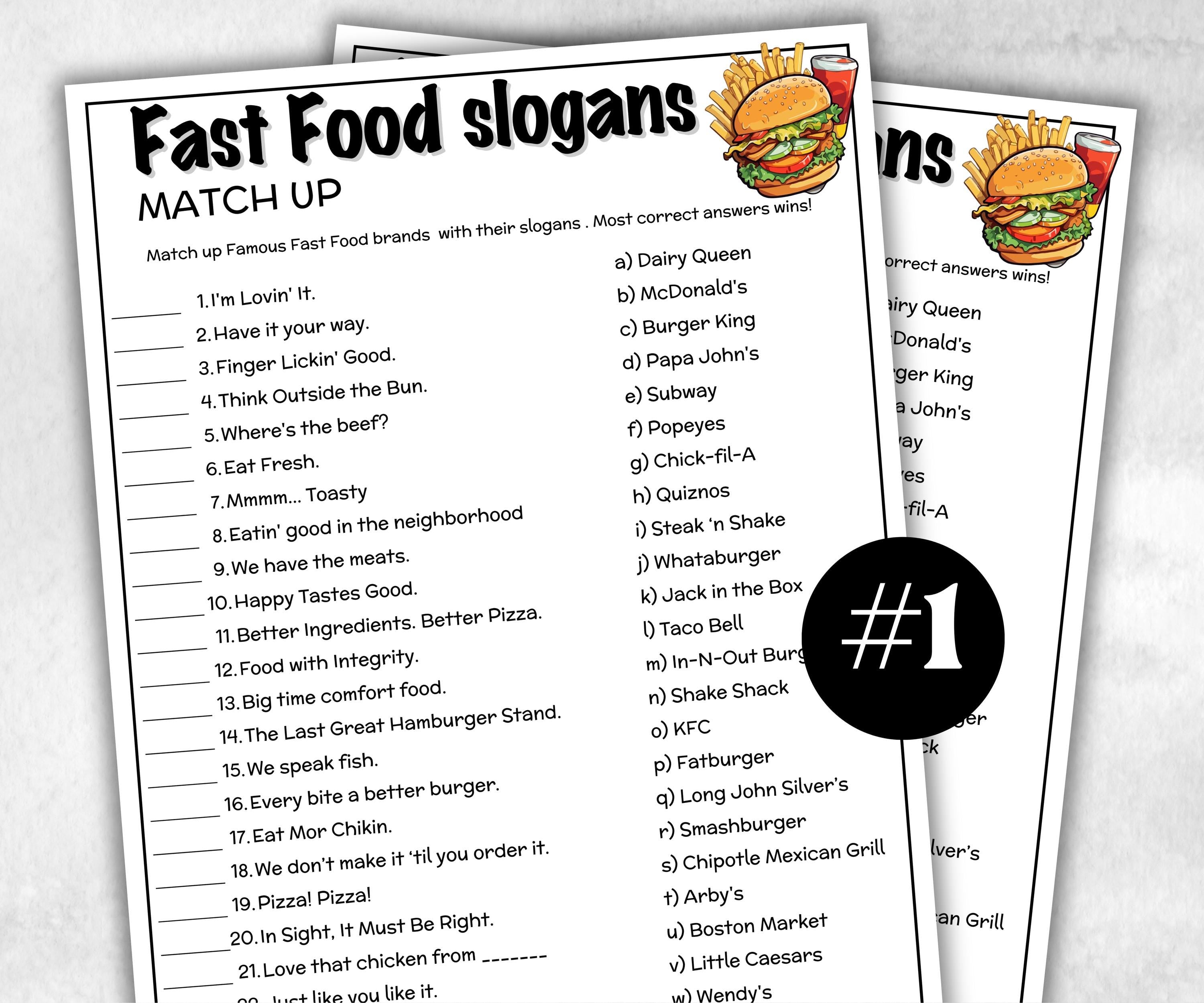 Fast Food Slogan Trivia, TV Commercial Trivia,Soda Drink Office Party, Teens Adult,Ad Slogan Match Up Quiz game, Pizza Burger, Trivia Night-Holidays -TheHustlingCatLady-Party Games