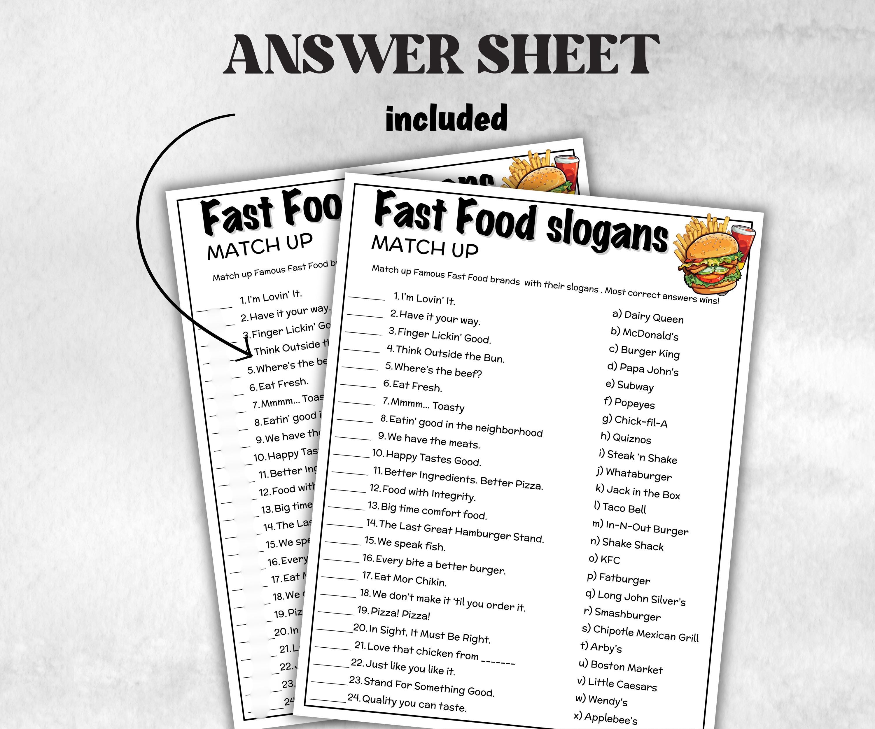 Fast Food Slogan Trivia, TV Commercial Trivia,Soda Drink Office Party, Teens Adult,Ad Slogan Match Up Quiz game, Pizza Burger, Trivia Night-Holidays -TheHustlingCatLady-Party Games