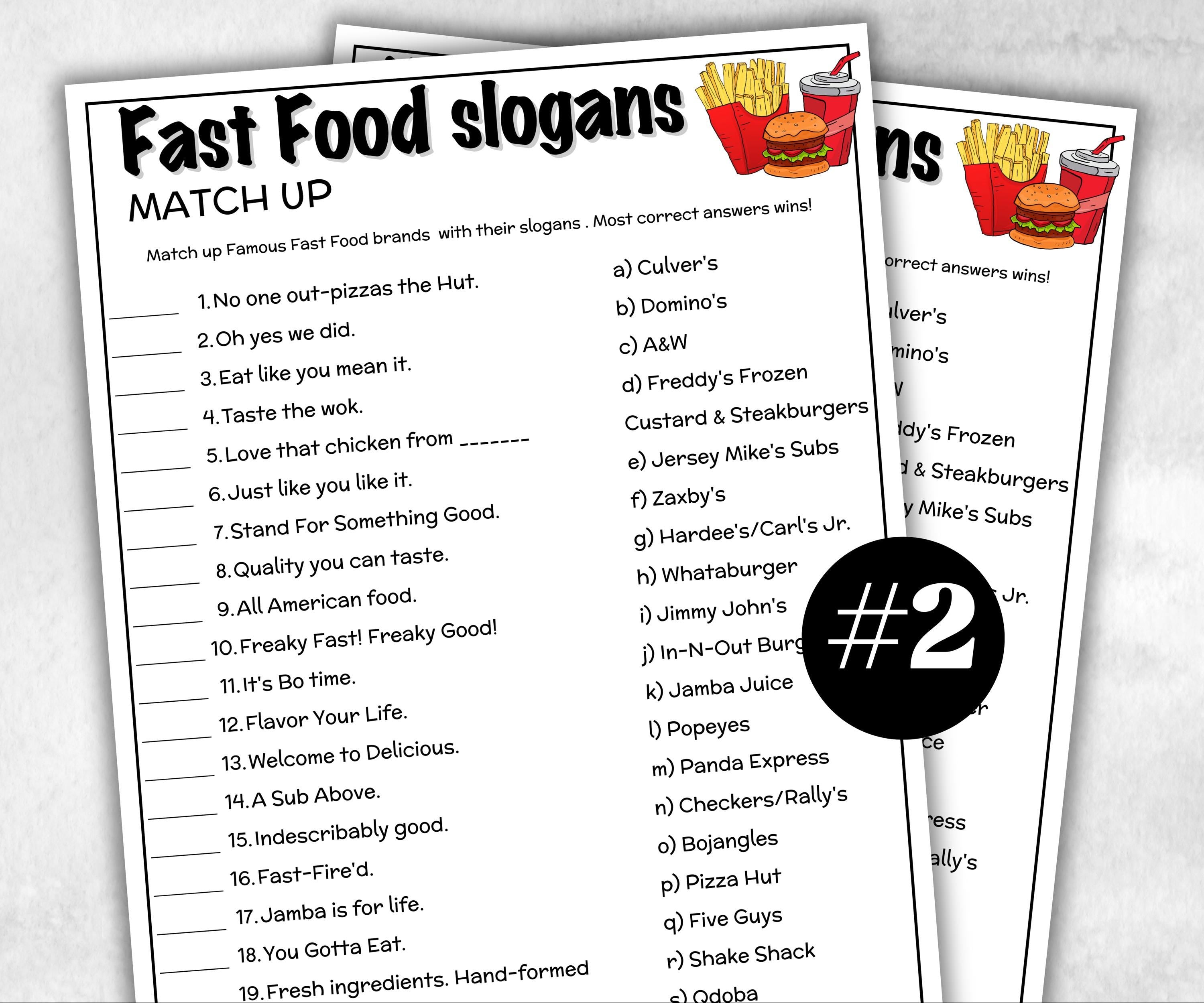 Fast Food Trivia Night, TV Commercial Trivia,Soda Drink Office Party, Teens Adult,Ad Slogan Match Up Quiz game, Pizza Burger Slogan Trivia-Holidays -TheHustlingCatLady-Party Games