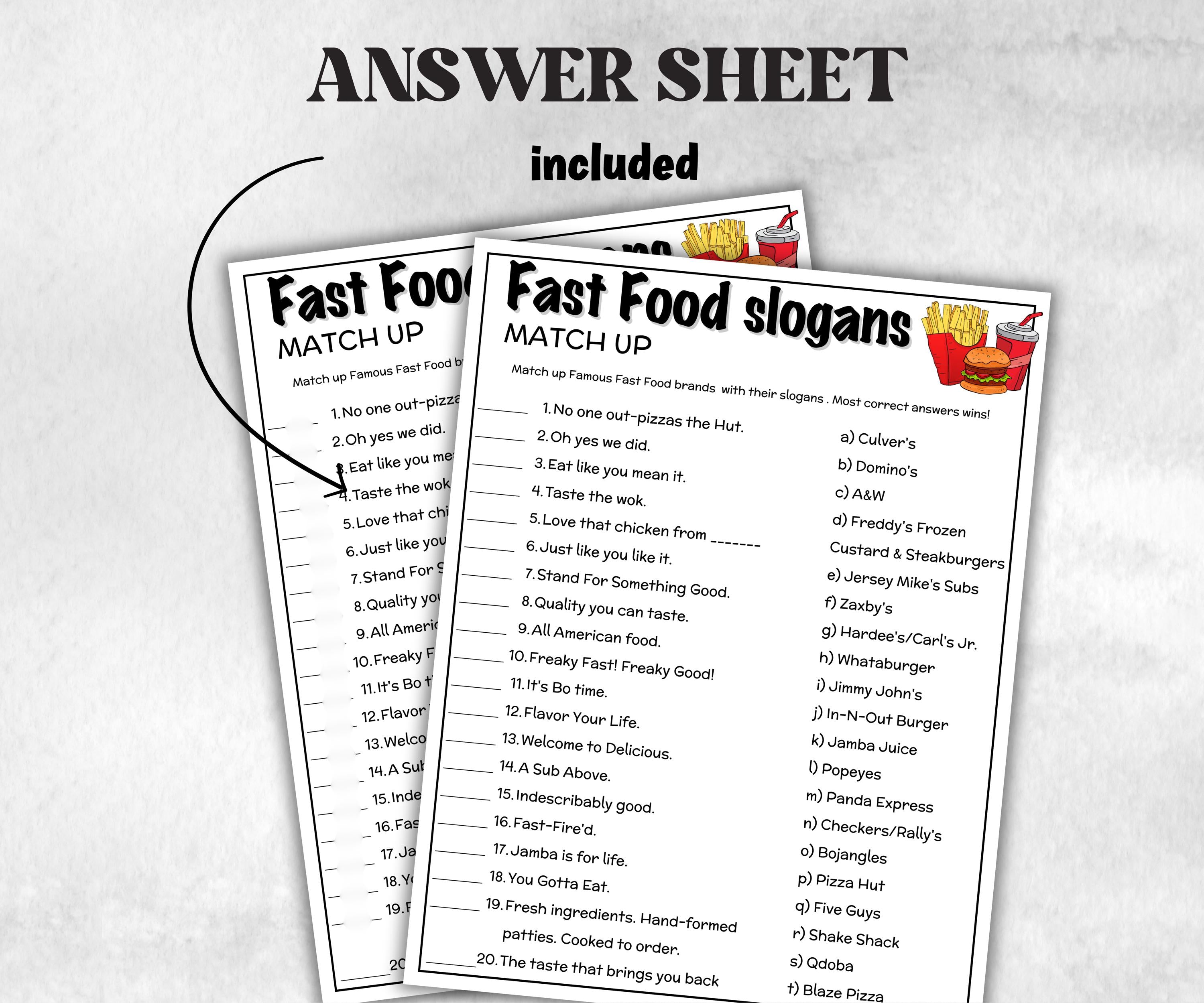 Fast Food Trivia Night, TV Commercial Trivia,Soda Drink Office Party, Teens Adult,Ad Slogan Match Up Quiz game, Pizza Burger Slogan Trivia-Holidays -TheHustlingCatLady-Party Games