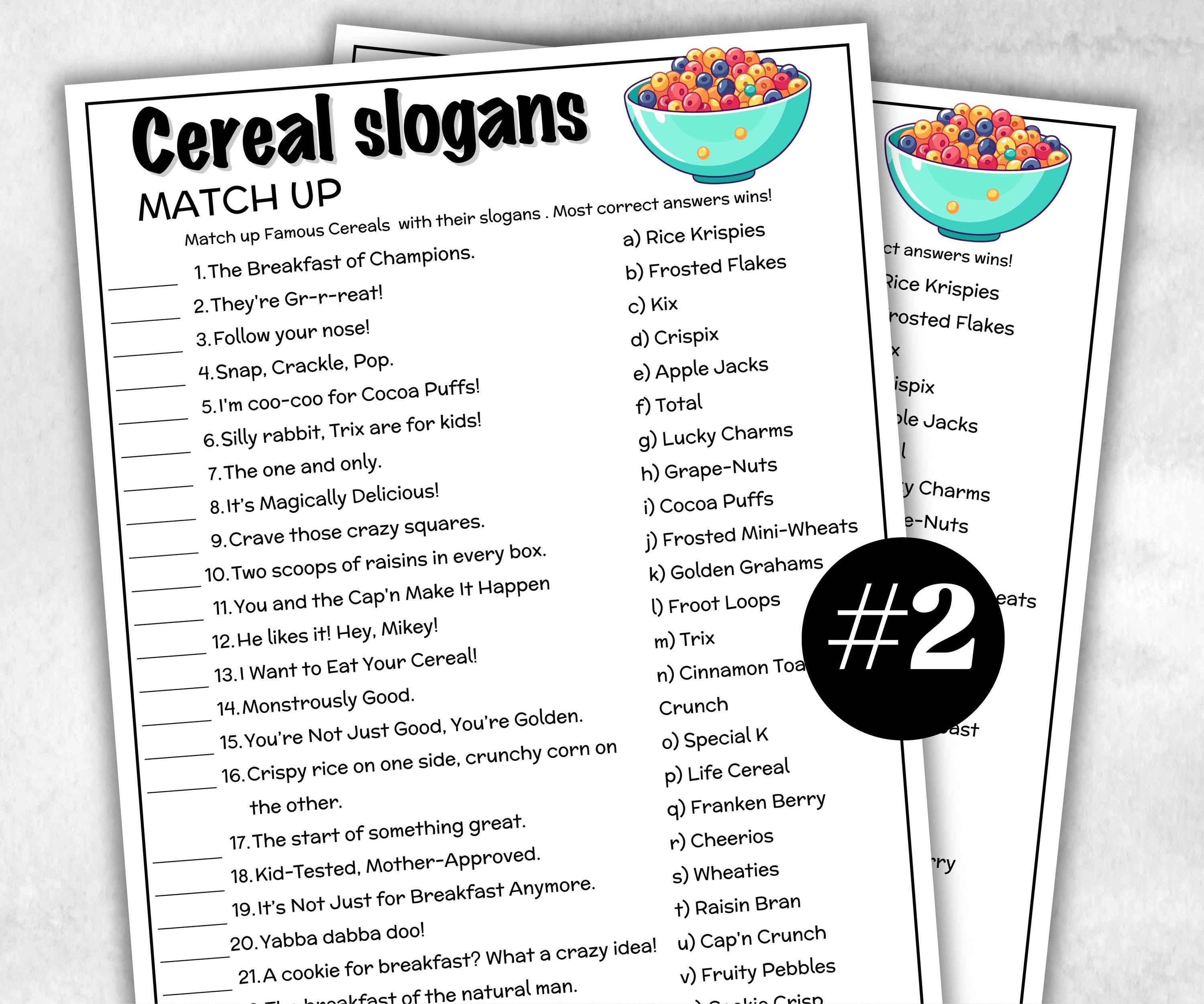 Cereal Trivia Night, TV Commercial Trivia, Ad Slogan Office Party, Teens Adult, Ad Slogan Match Up Quiz game, Trivia Night, Breakfast Slogan-Holidays -TheHustlingCatLady-Party Games