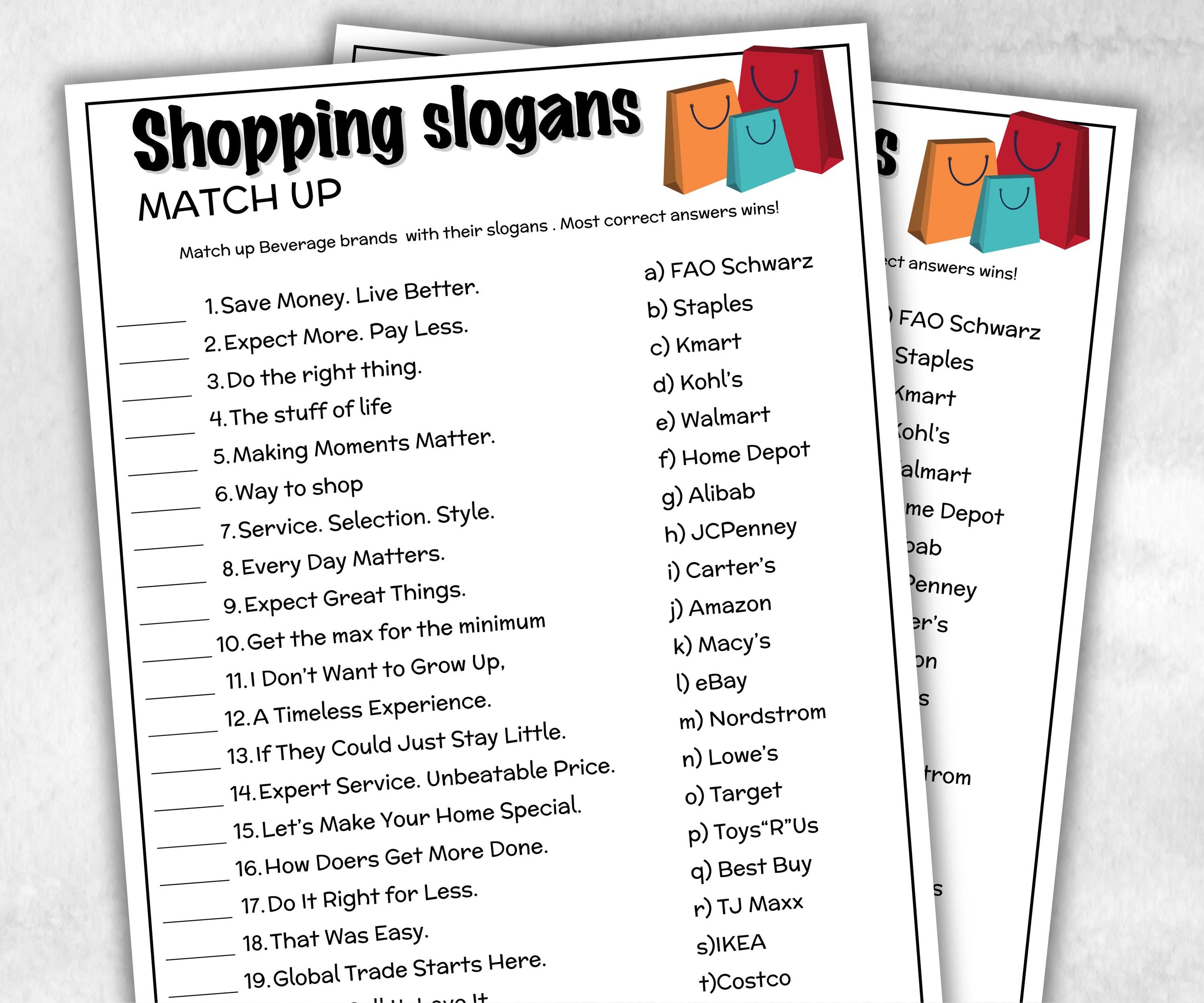 Shopping Slogan Trivia, TV Commercial Trivia, Office Party, Teens Adult, Ad Slogan Match Up Quiz game, Brand Daily Shopping Trivia, Birthday-Holidays -TheHustlingCatLady-Party Games