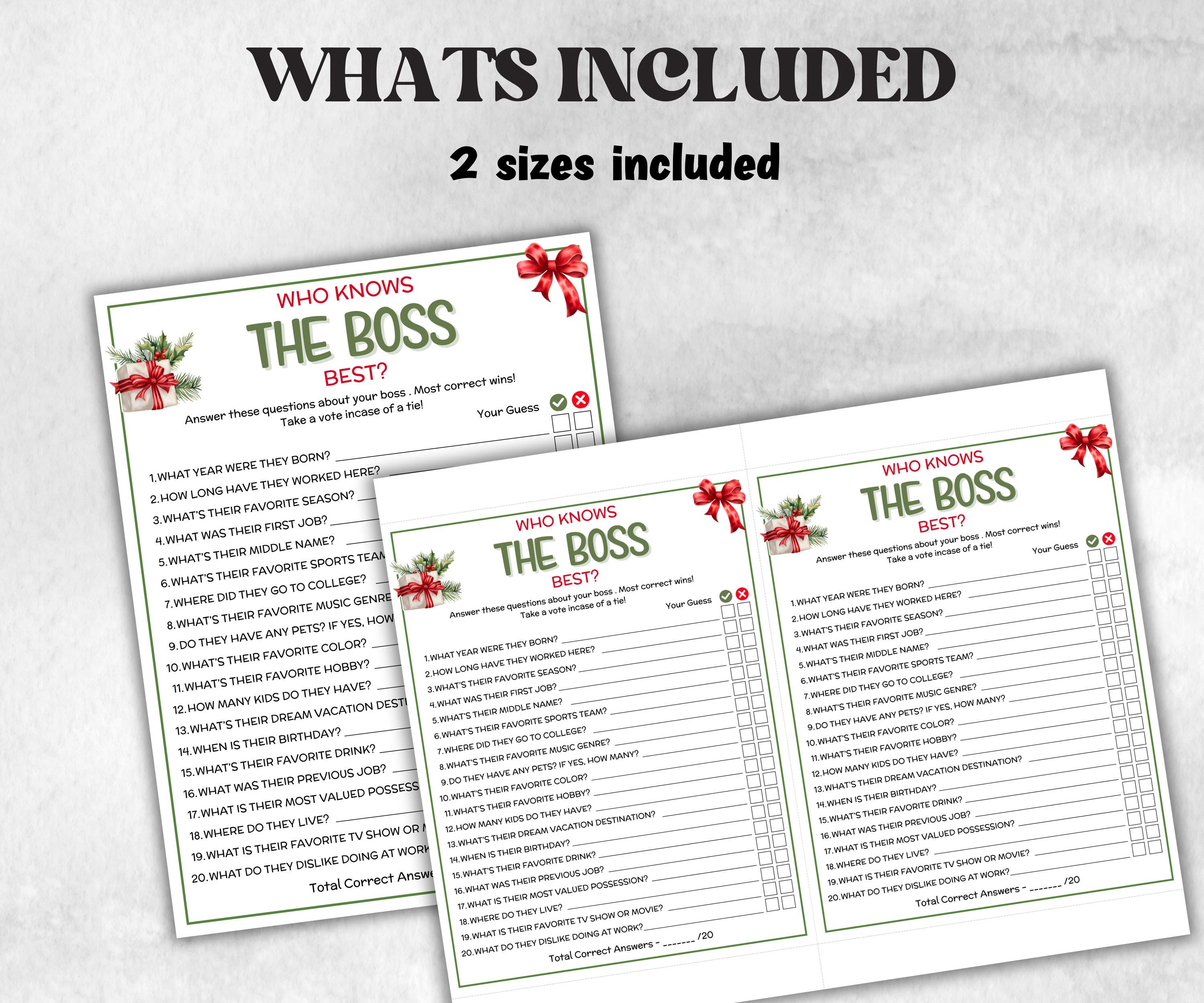 Who knows the boss best, office party game, xmas boss day, boss birthday event, how well do you know, Workplace quiz, Office Holiday game-Holidays -TheHustlingCatLady-Party Games