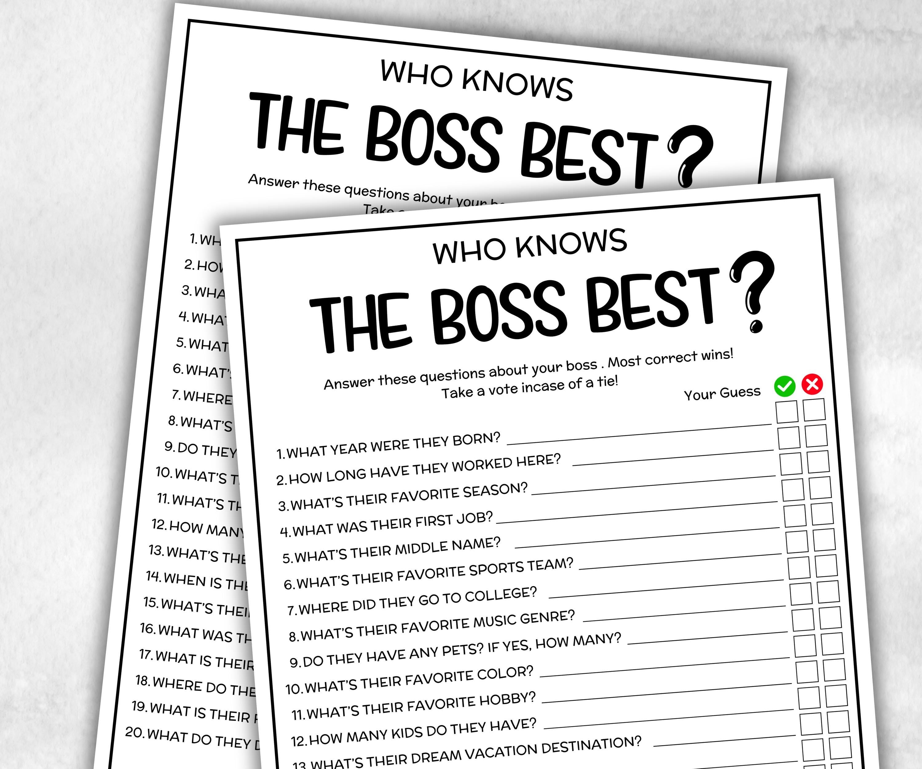 Boss day party, all about me survey, Office Holiday game, happy hour activity, Boss appreciation, office party game, Team Building Idea-Holidays -TheHustlingCatLady-Party Games
