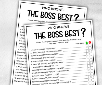 Boss day party, all about me survey, Office Holiday game, happy hour activity, Boss appreciation, office party game, Team Building Idea-Holidays -TheHustlingCatLady-Party Games