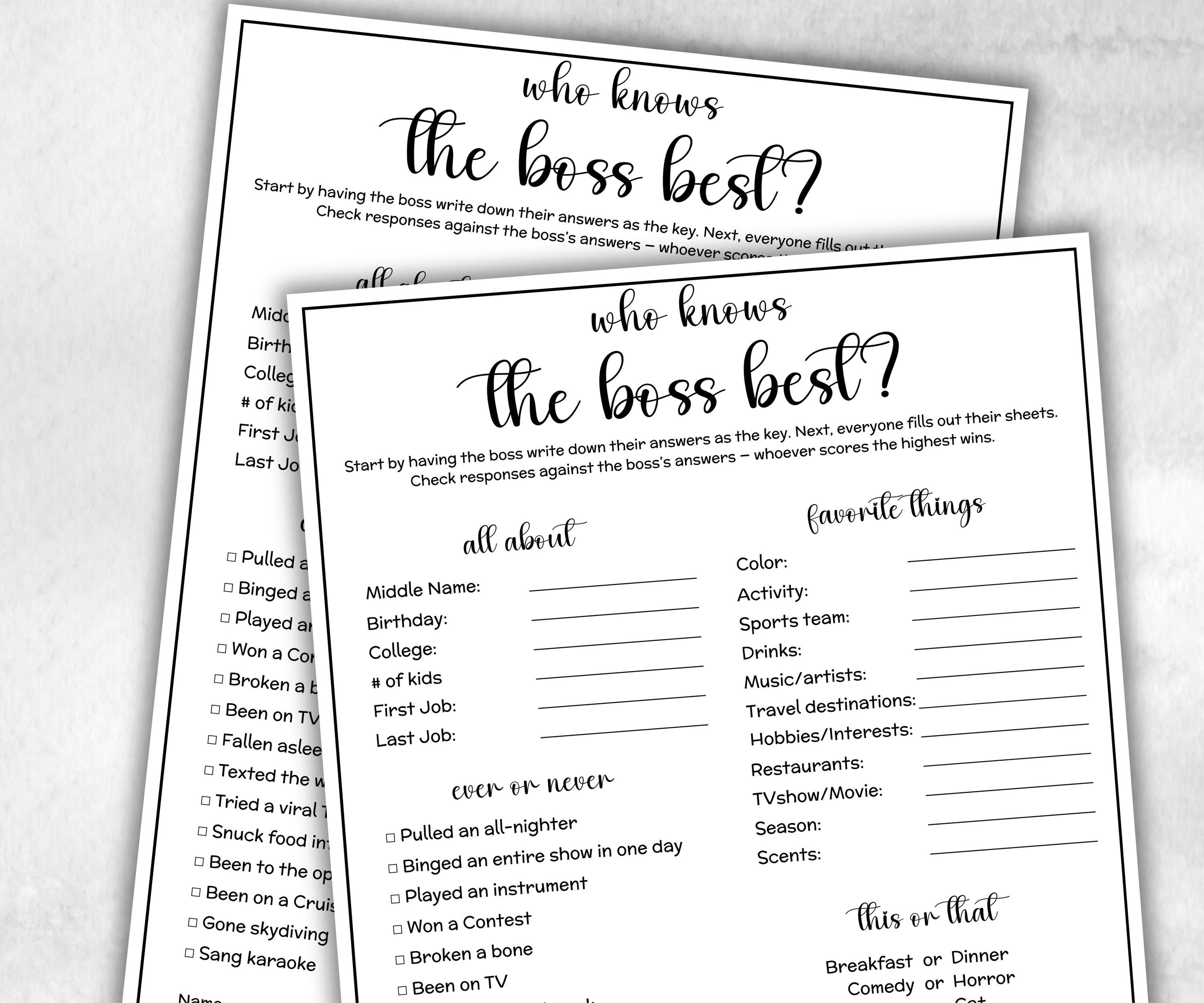 Boss birthday event game, Office teambuilding, who knows the boss, Office Icebreaker, boss manager, team member survey, Coworker work pal-Holidays -TheHustlingCatLady-Party Games