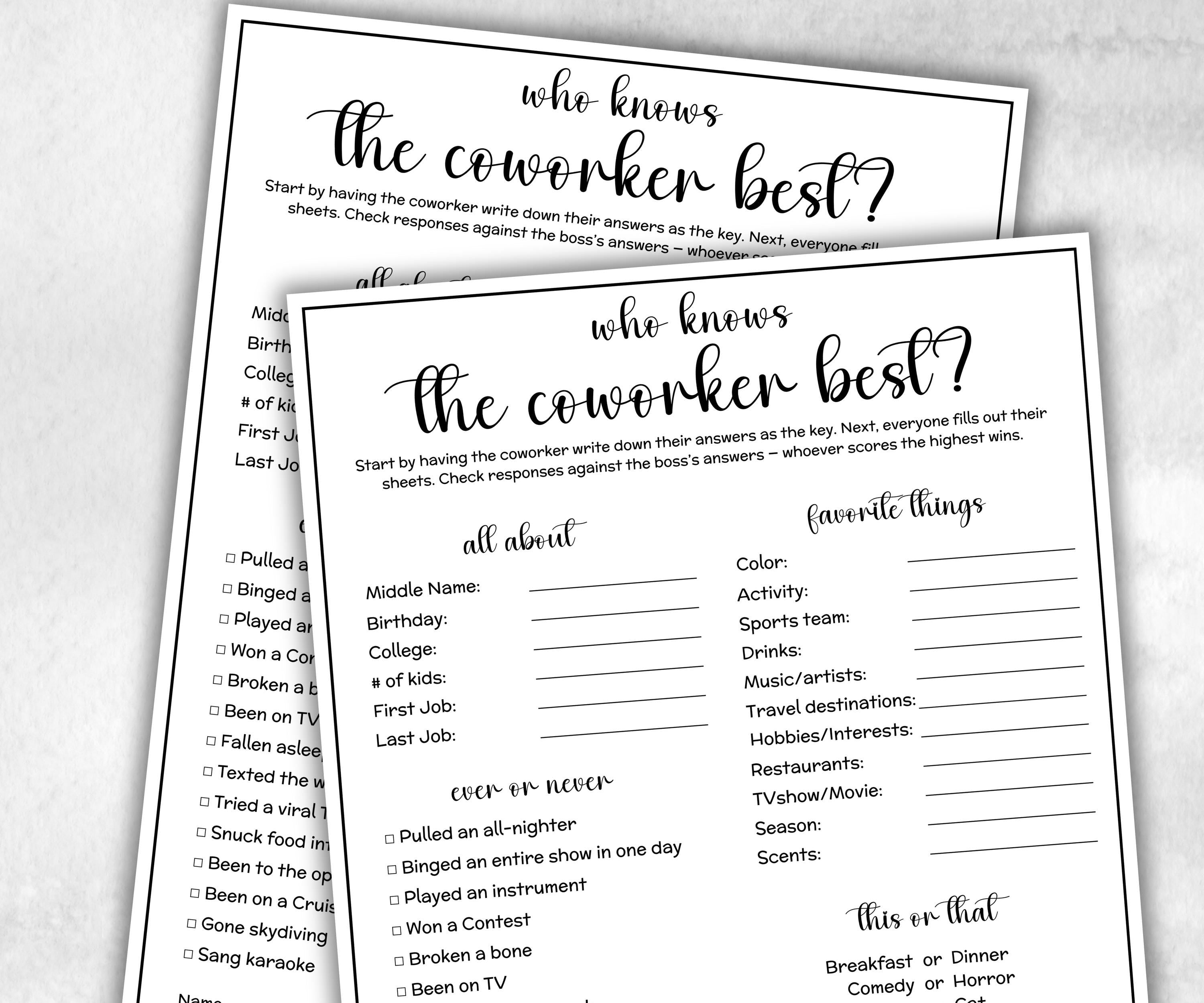 Coworker day party, all about me survey, Office Holiday game, happy hour activity, Farewell party, office party game, Team Building Idea-Holidays -TheHustlingCatLady-Party Games