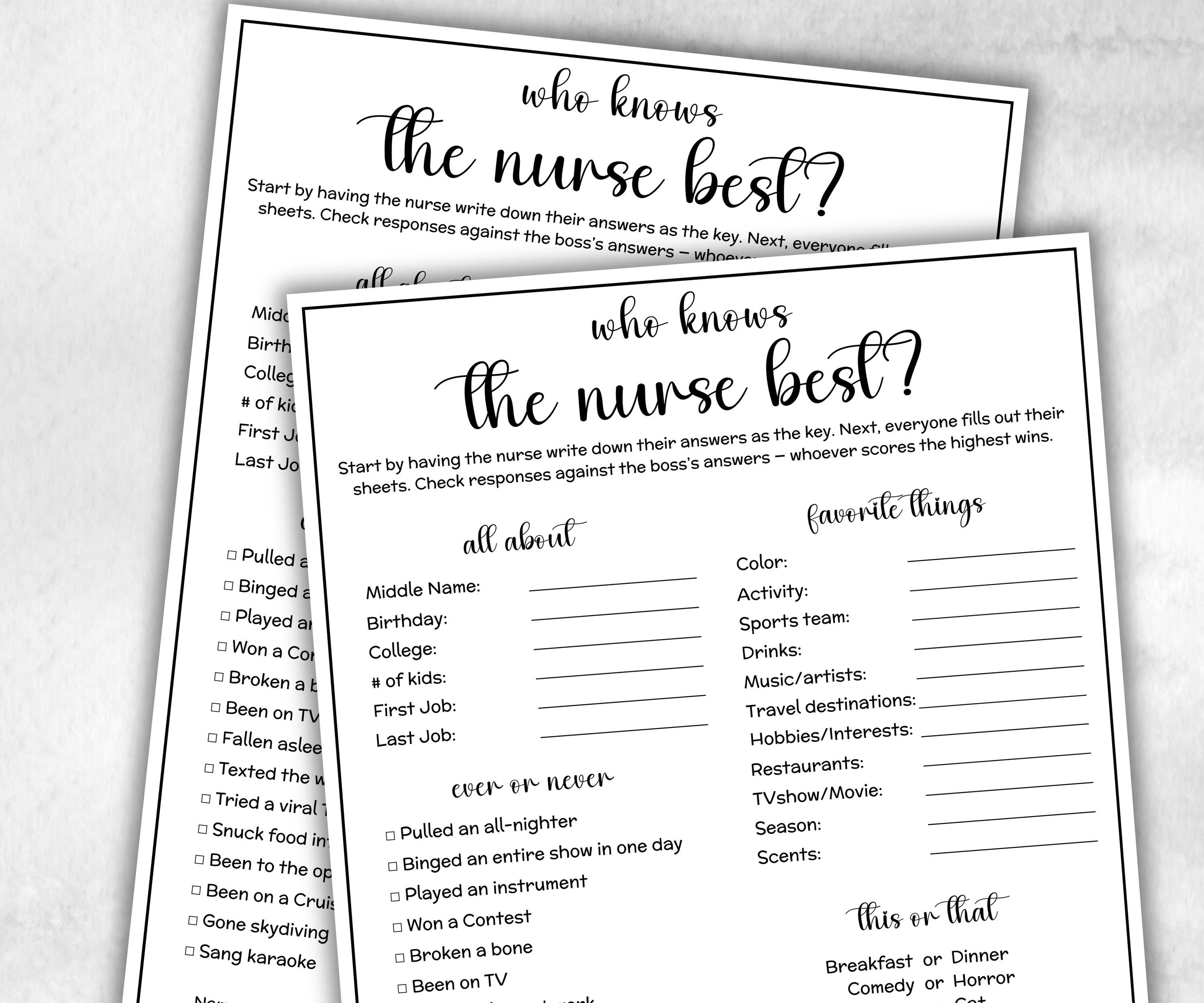 Nurse appreciation game, nursing practioner, medical doctor, med school pharmacy, all about me, Team Building Idea, who knows the team game-Holidays -TheHustlingCatLady-Party Games