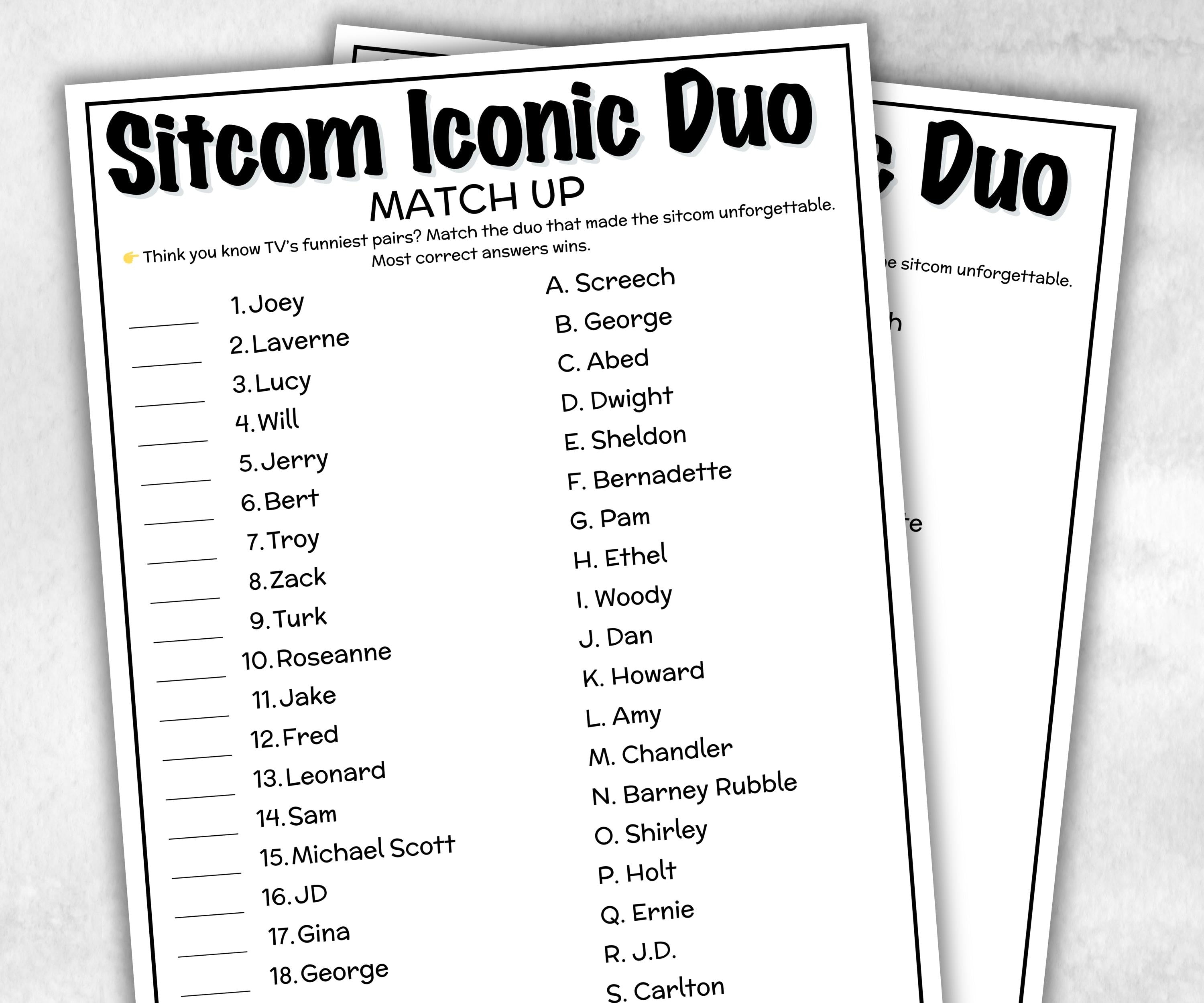 Iconic Sitcom TV Duo Match trivia party Game, Sitcom Trivia Quiz, Senior Game night, family activity, Friendsgiving, friends trivia night-Holidays -TheHustlingCatLady-Party Games