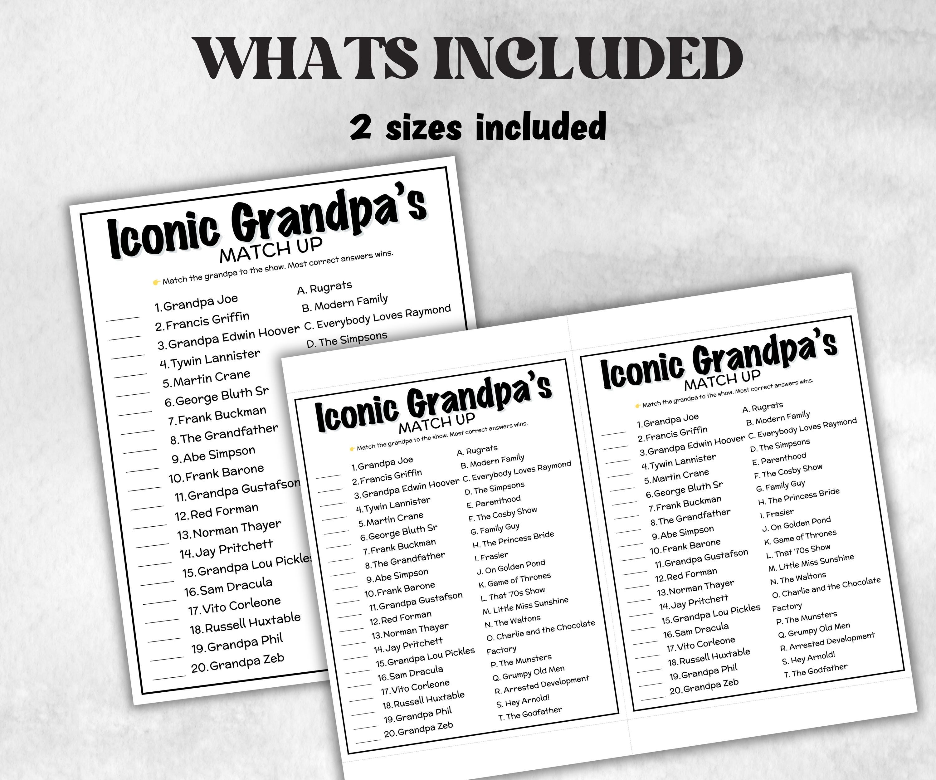 Iconic Sitcom Grandpas Match up, party Game, Trivia Quiz, Senior Game night, family activity, Friendsgiving, Grandparents Day, Fathers day-Holidays -TheHustlingCatLady-Party Games