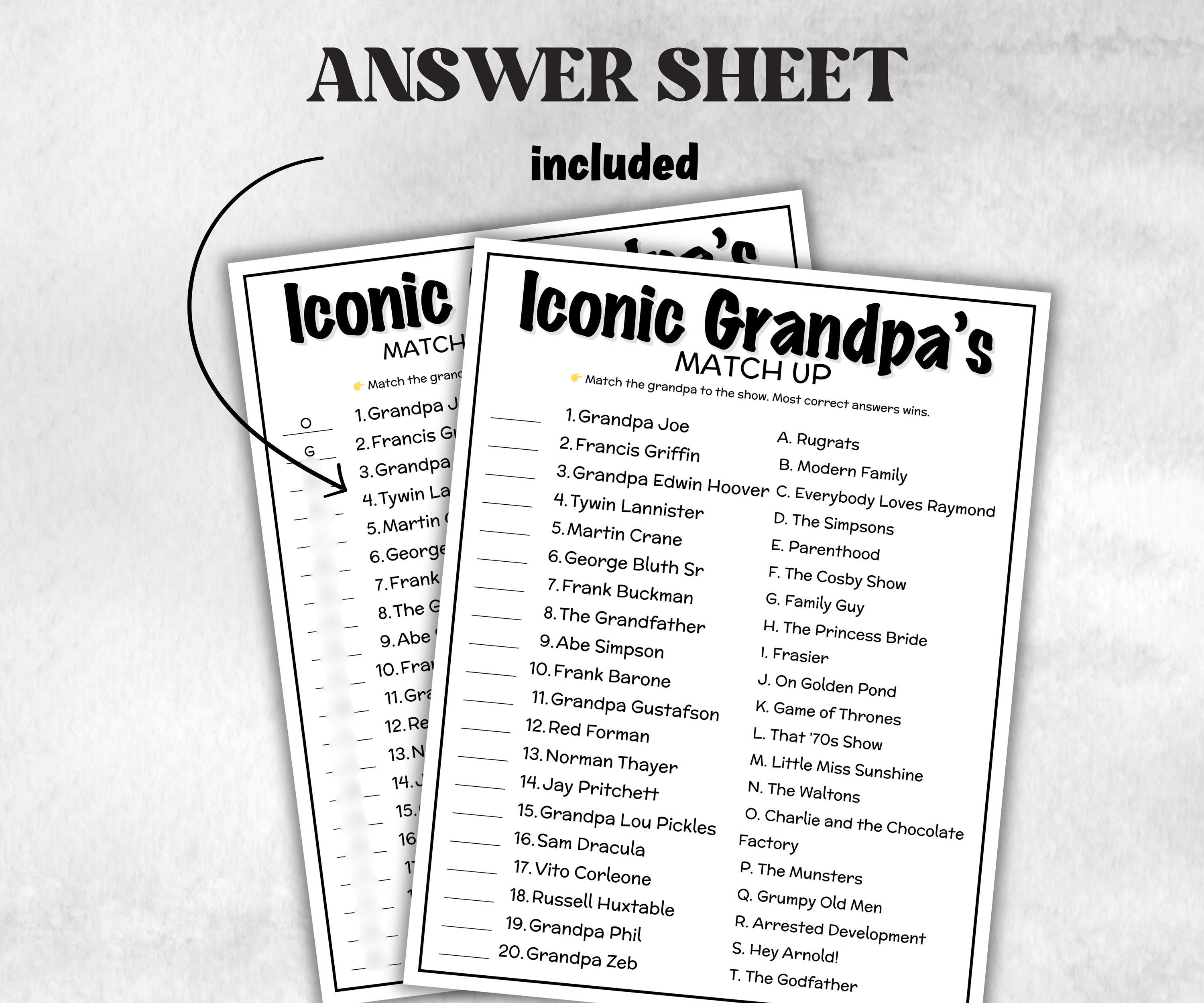 Iconic Sitcom Grandpas Match up, party Game, Trivia Quiz, Senior Game night, family activity, Friendsgiving, Grandparents Day, Fathers day-Holidays -TheHustlingCatLady-Party Games