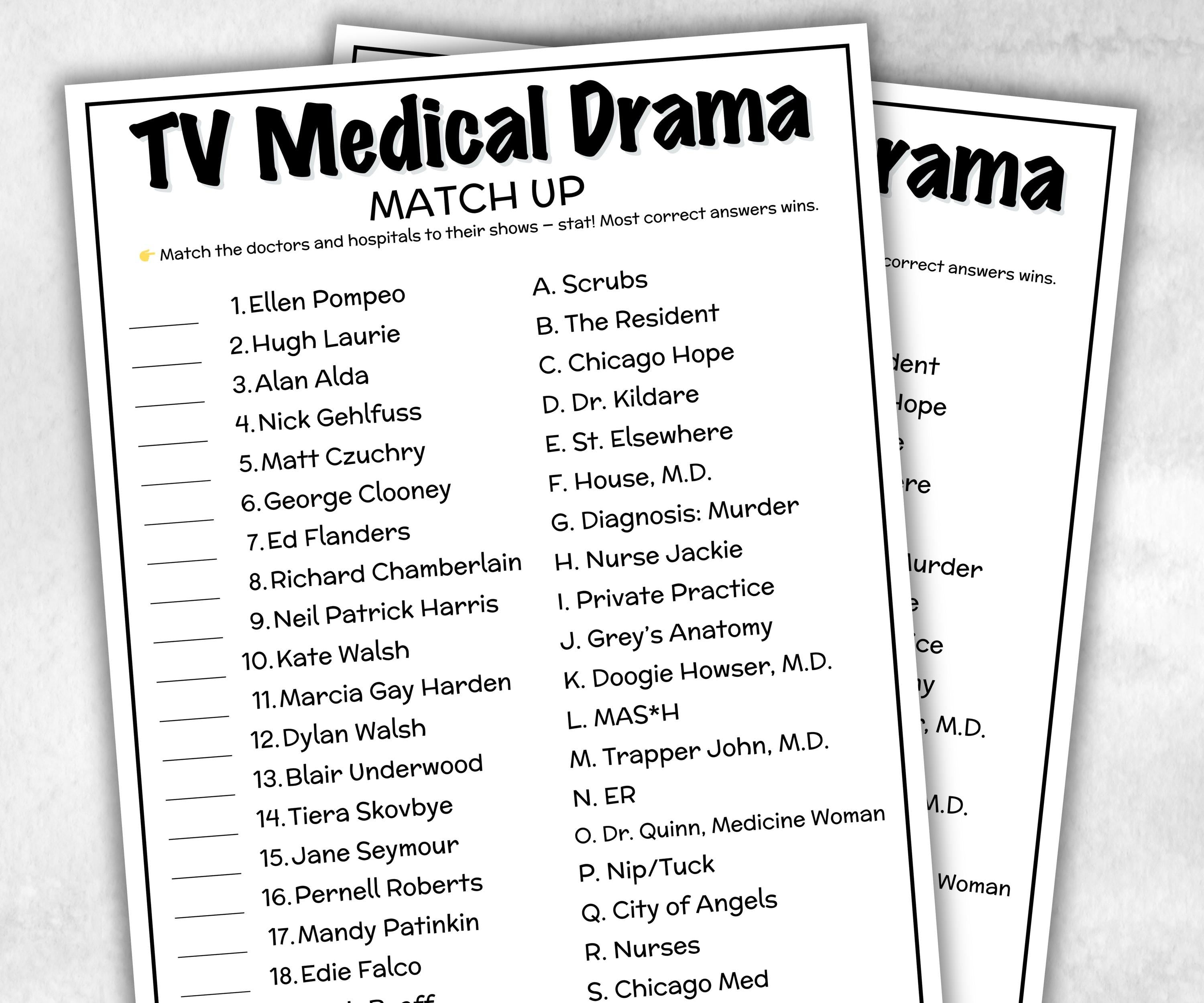 Iconic Sitcom Medical Drama Match up, trivia party Game, Sitcom Trivia Quiz, Senior Game night, family activity, Nurse Doctor Hospital games-Holidays -TheHustlingCatLady-Party Games