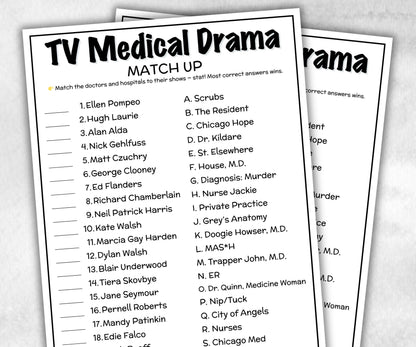 Iconic Sitcom Medical Drama Match up, trivia party Game, Sitcom Trivia Quiz, Senior Game night, family activity, Nurse Doctor Hospital games-Holidays -TheHustlingCatLady-Party Games