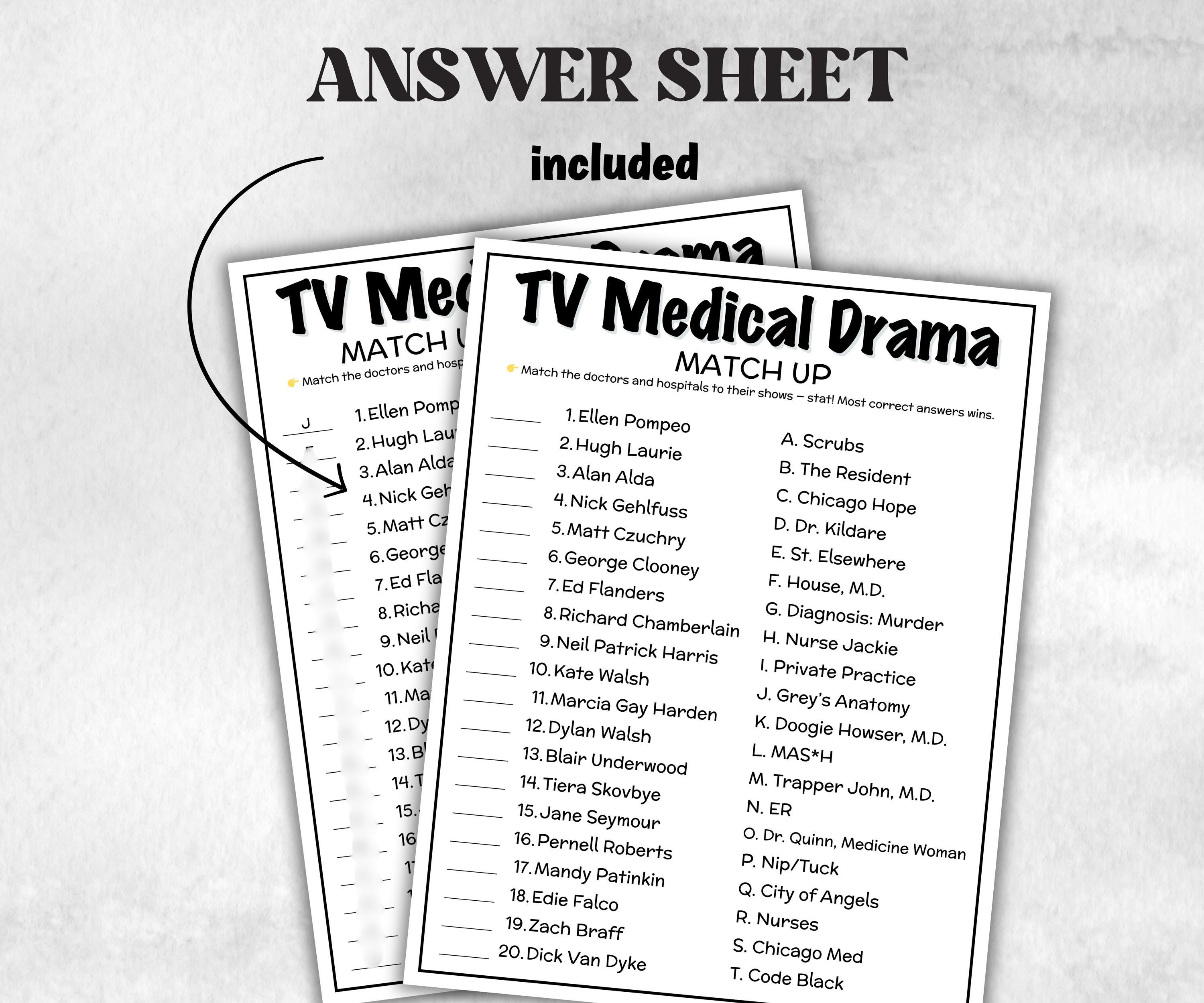 Iconic Sitcom Medical Drama Match up, trivia party Game, Sitcom Trivia Quiz, Senior Game night, family activity, Nurse Doctor Hospital games-Holidays -TheHustlingCatLady-Party Games