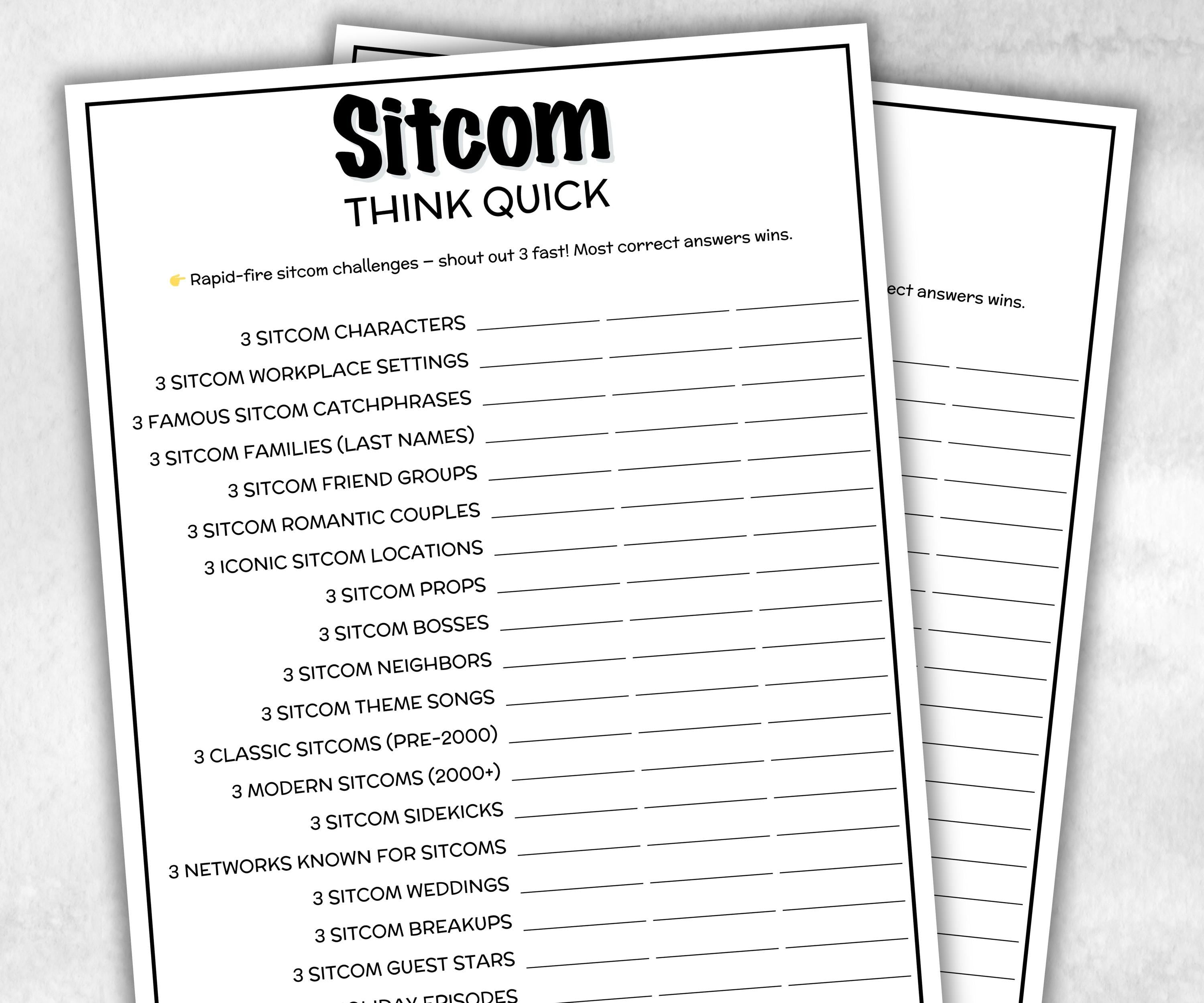 TV Sitcom Think Quick trivia, Trivia Quiz, family activity, Friendsgiving, xmas family reunion, tv show theme trivia, television throwback-Holidays -TheHustlingCatLady-Party Games