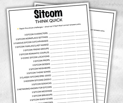 TV Sitcom Think Quick trivia, Trivia Quiz, family activity, Friendsgiving, xmas family reunion, tv show theme trivia, television throwback-Holidays -TheHustlingCatLady-Party Games