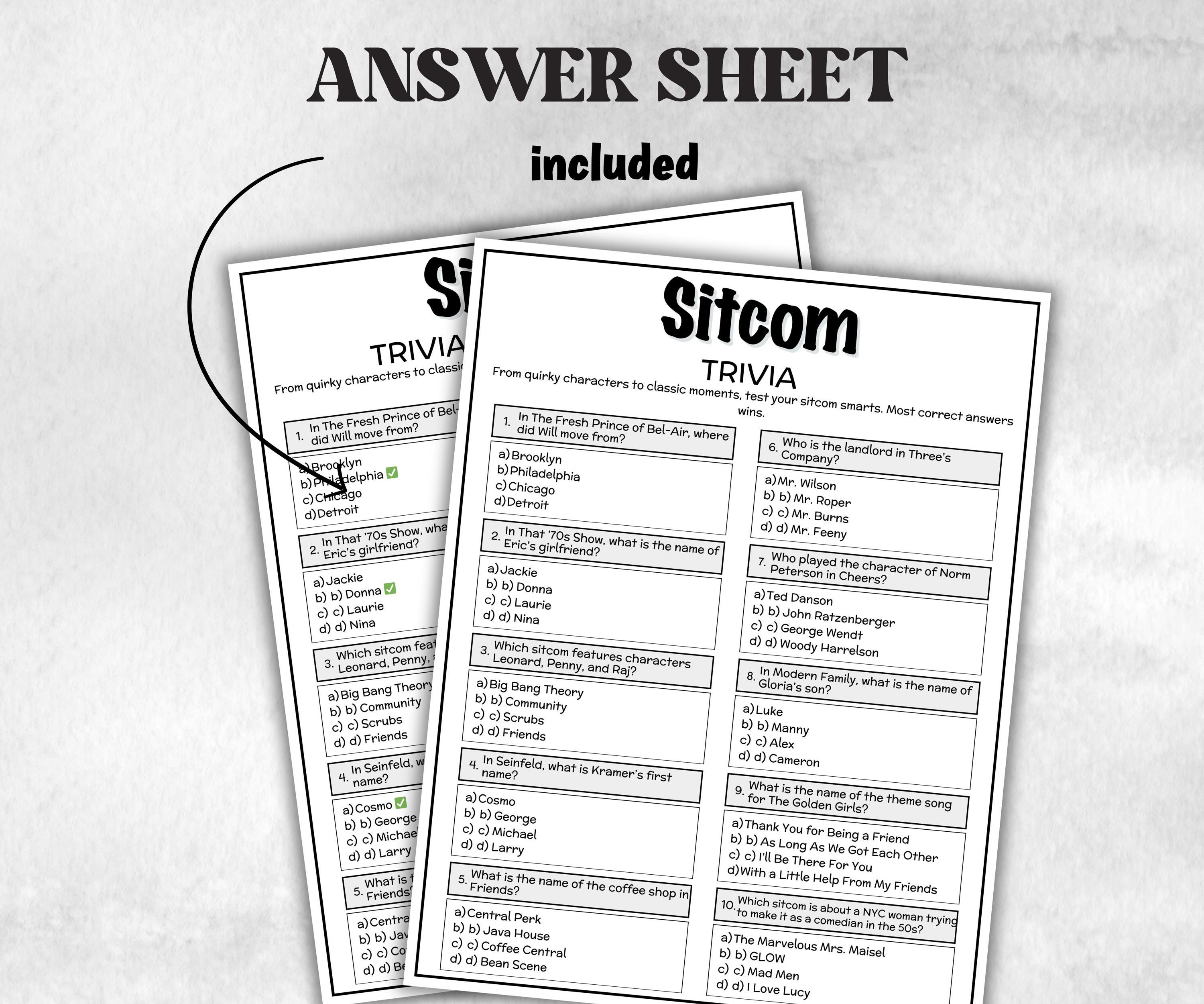TV Show Sitcom trivia Quiz, family activity, Friendsgiving, television throwback, Ladies night games, easy group game, pub fall icebreaker-Holidays -TheHustlingCatLady-Party Games