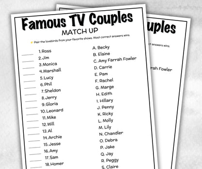 Famous TV Couples, Valentine Trivia Quiz, family activity, TV Show Friendsgiving, Sitcom television throwback, Ladies night, easy group, kid-Holidays -TheHustlingCatLady-Party Games