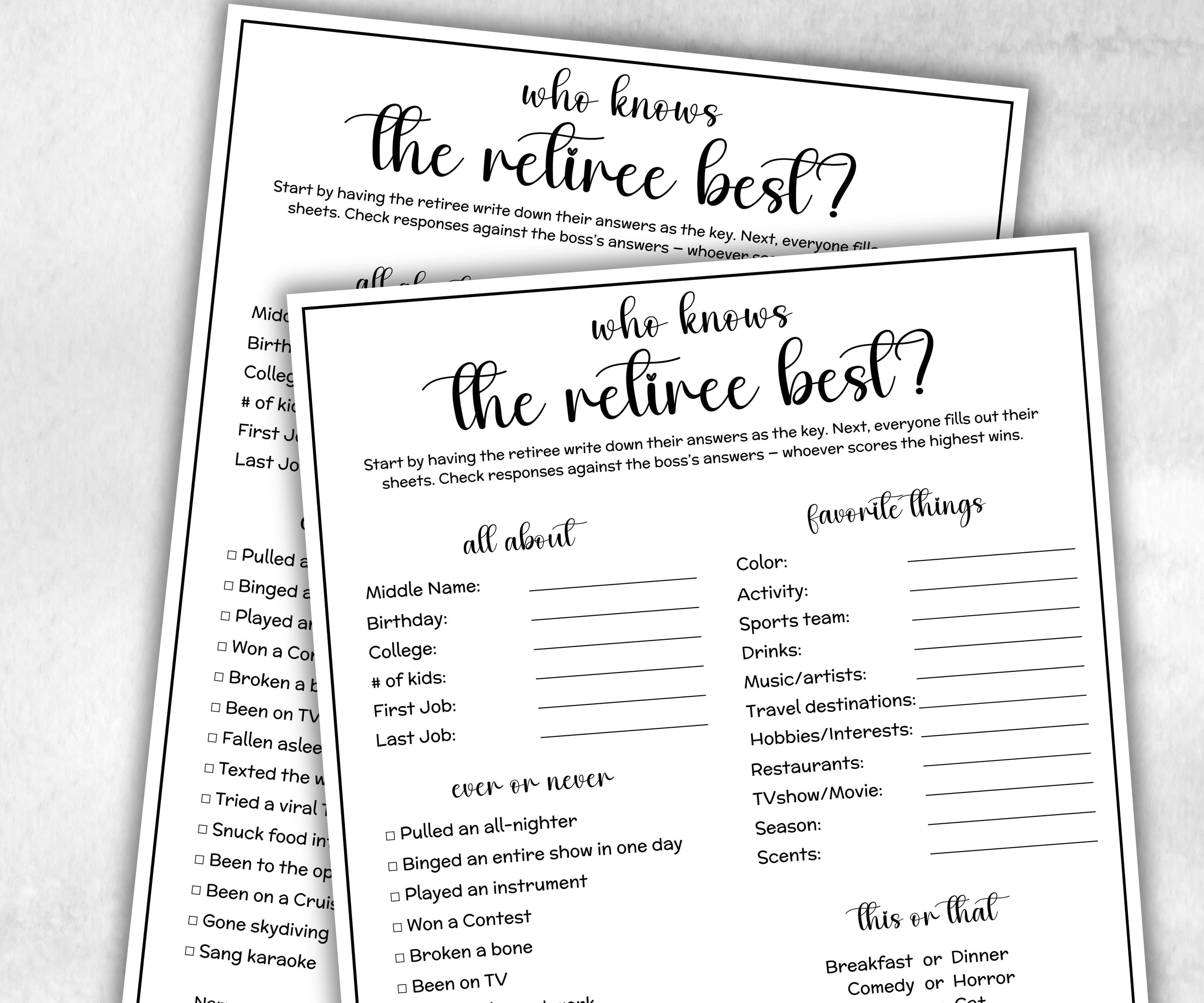 How well do you know the retiree, office party game, fun nurse retirement, Team Building Idea, Workplace quiz, team member survey questions-Holidays -TheHustlingCatLady-Party Games