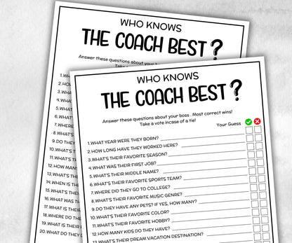 How well do you know the Coach, Coaches Day survey, Team practice party, Soccer Gymnastics, Softball Volleyball, Basketball hockey, office-Holidays -TheHustlingCatLady-Party Games