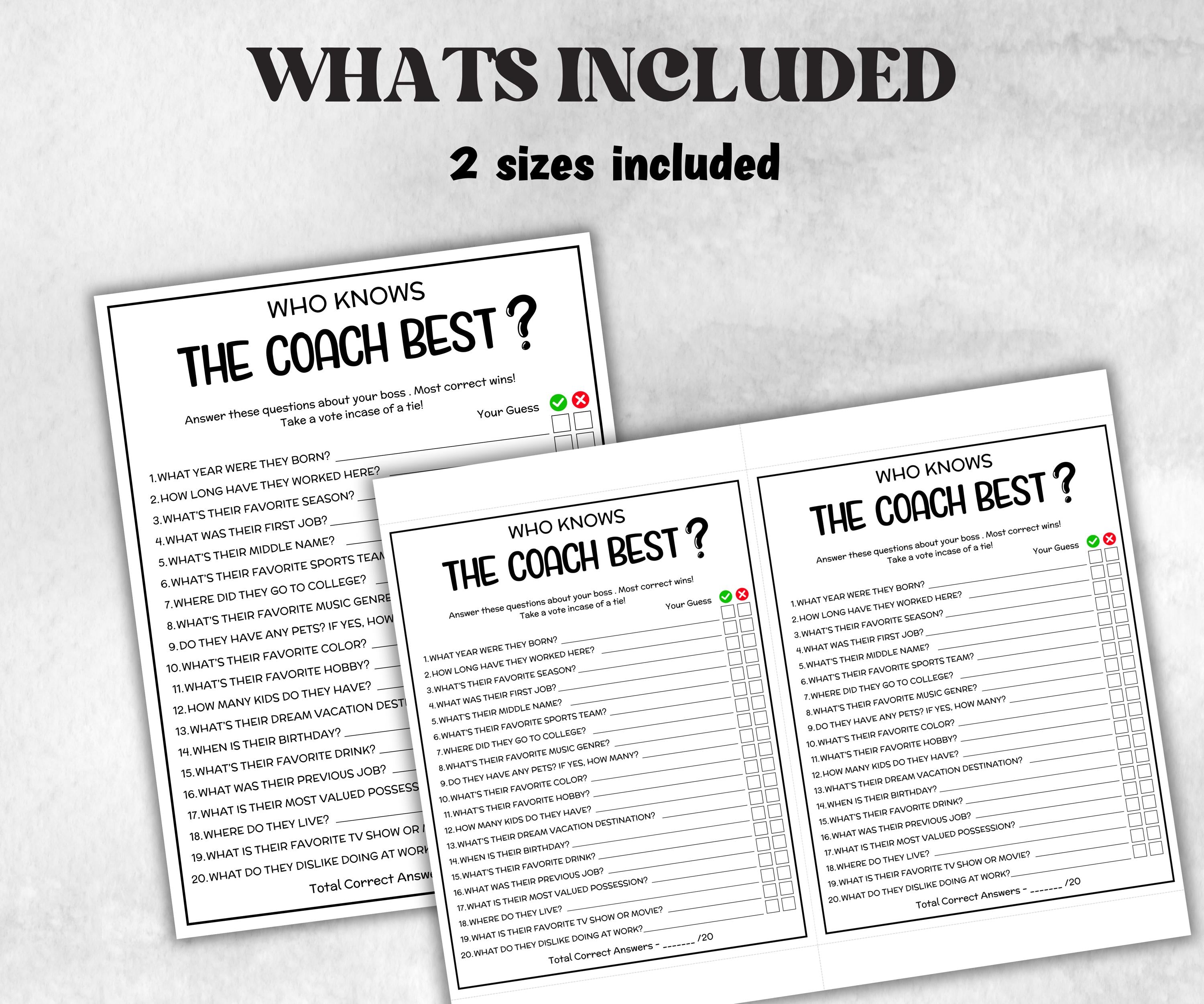 How well do you know the Coach, Coaches Day survey, Team practice party, Soccer Gymnastics, Softball Volleyball, Basketball hockey, office-Holidays -TheHustlingCatLady-Party Games