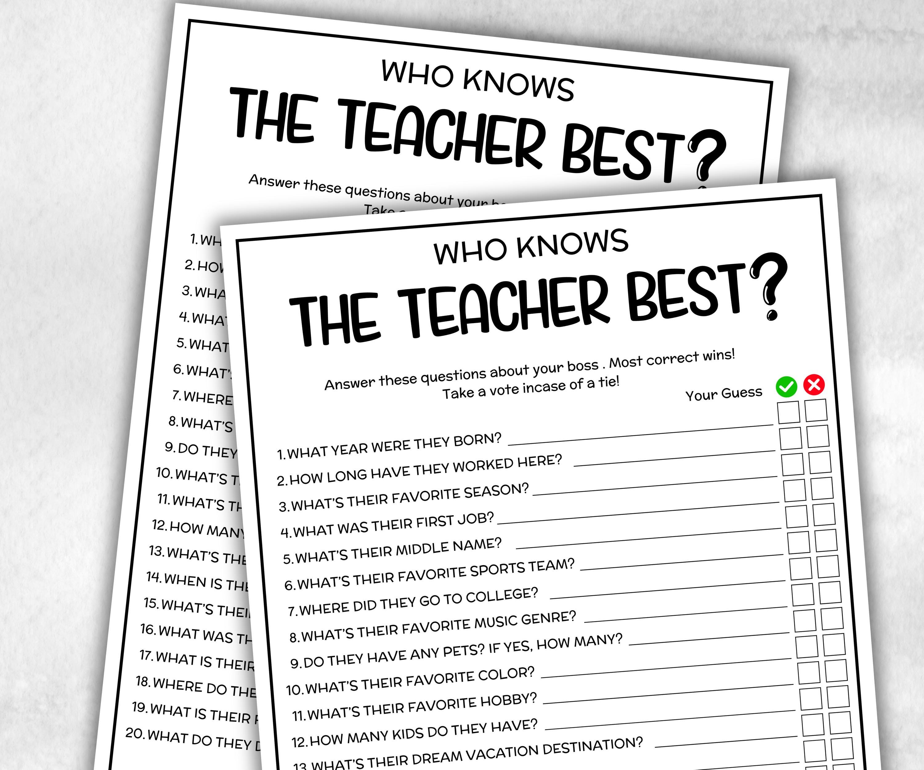 How well do you know the Teacher, All About My Teacher, Favorite Things, First Day of School, Get to know Questionnaire, Back to School Gift-Holidays -TheHustlingCatLady-Party Games