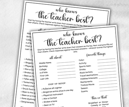 Who knows teacher best, Teacher favorites list, Teacher Survey, Teacher questionnaire, Few of my favorite things, Teacher appreciation day-Holidays -TheHustlingCatLady-Party Games