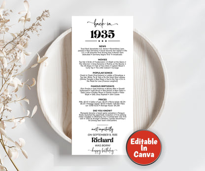 90th Birthday Place Cards, Back in 1935 News, Editable 90th BDay Party Decorations, Born in 1935 Table Cards, Birthday Gift for Her for Him-Holidays -TheHustlingCatLady-Party Games