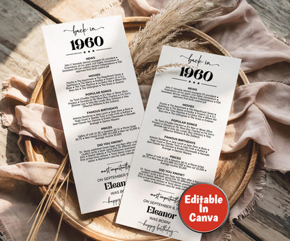 65th Birthday Place Cards, Back in 1960 News, Editable 65th BDay Party Decorations, Born in 1960 Table Cards, Birthday Gift for Her for Him-Holidays -TheHustlingCatLady-Party Games