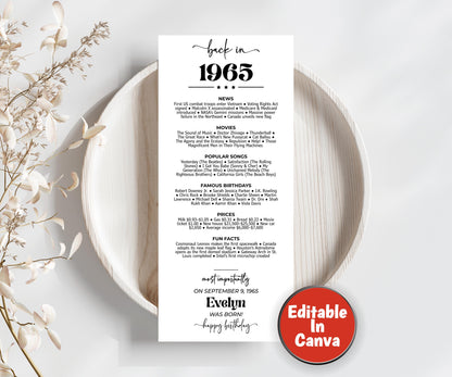 60th Birthday Place Cards, Back in 1965 News, Editable 60th BDay Party Decorations, Born in 1965 Table Cards, Birthday Gift for Her for Him-Holidays -TheHustlingCatLady-Party Games