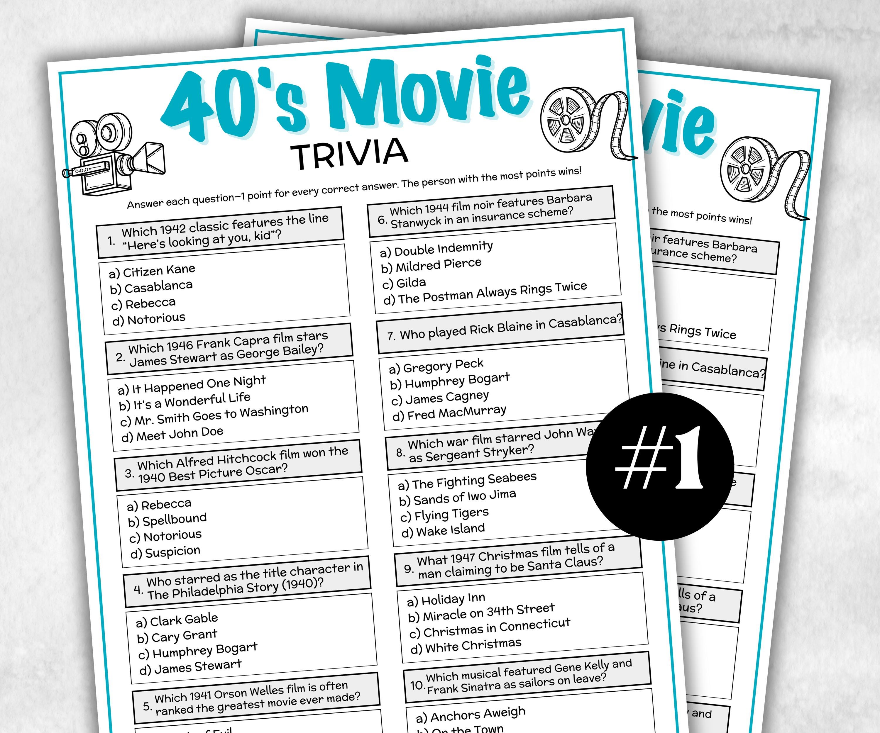 1940s Movie Trivia Game, Decades Movie Quiz, Silver Screen Movie Quote Trivia, 85th Birthday, senior game Night, Movie Award Ceremony Party-Holidays -TheHustlingCatLady-Party Games