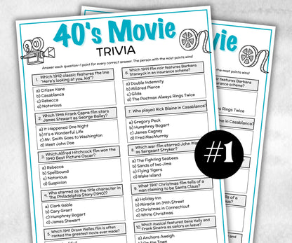 1940s Movie Trivia Game, Decades Movie Quiz, Silver Screen Movie Quote Trivia, 85th Birthday, senior game Night, Movie Award Ceremony Party-Holidays -TheHustlingCatLady-Party Games