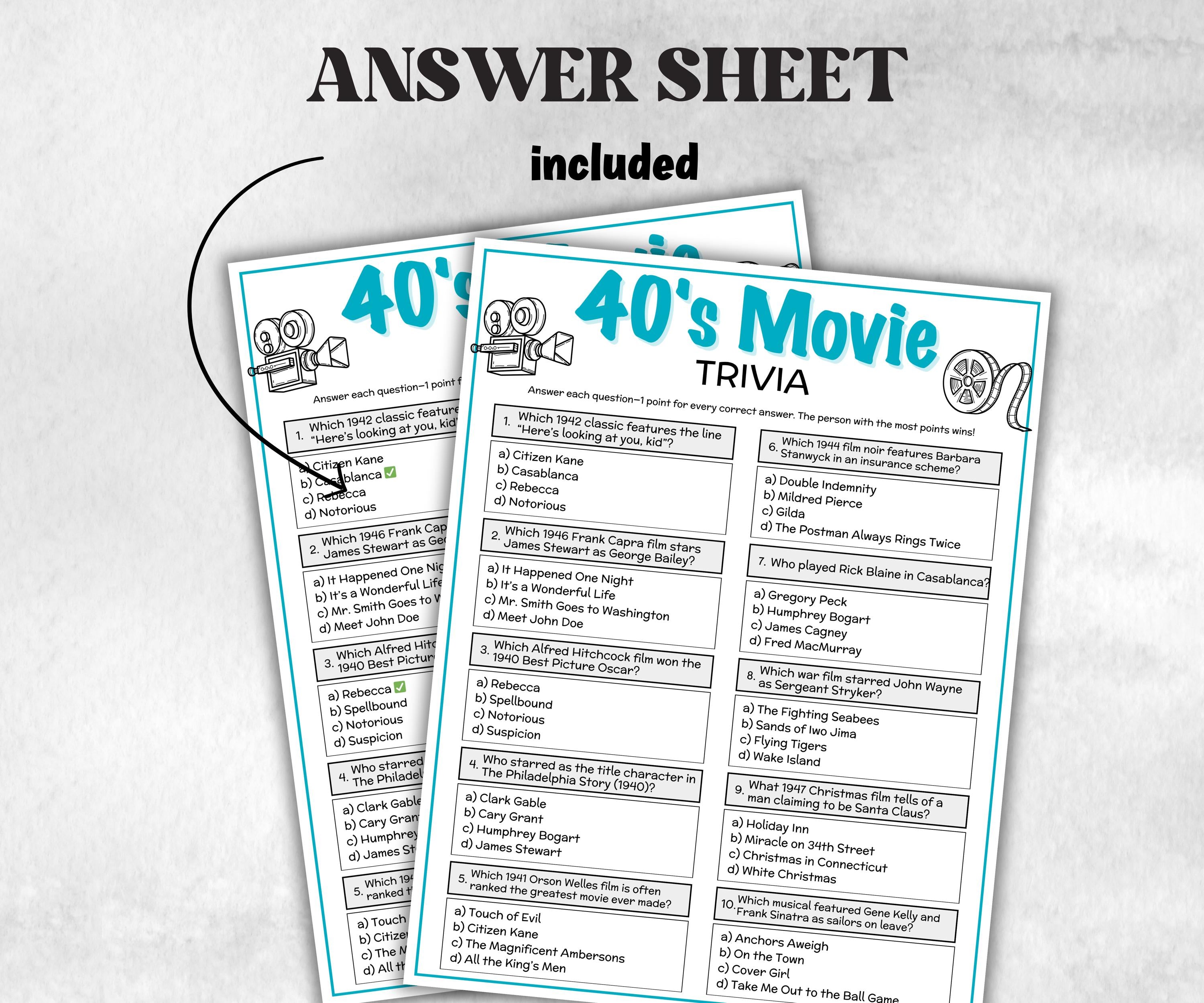 1940s Movie Trivia Game, Decades Movie Quiz, Silver Screen Movie Quote Trivia, 85th Birthday, senior game Night, Movie Award Ceremony Party-Holidays -TheHustlingCatLady-Party Games