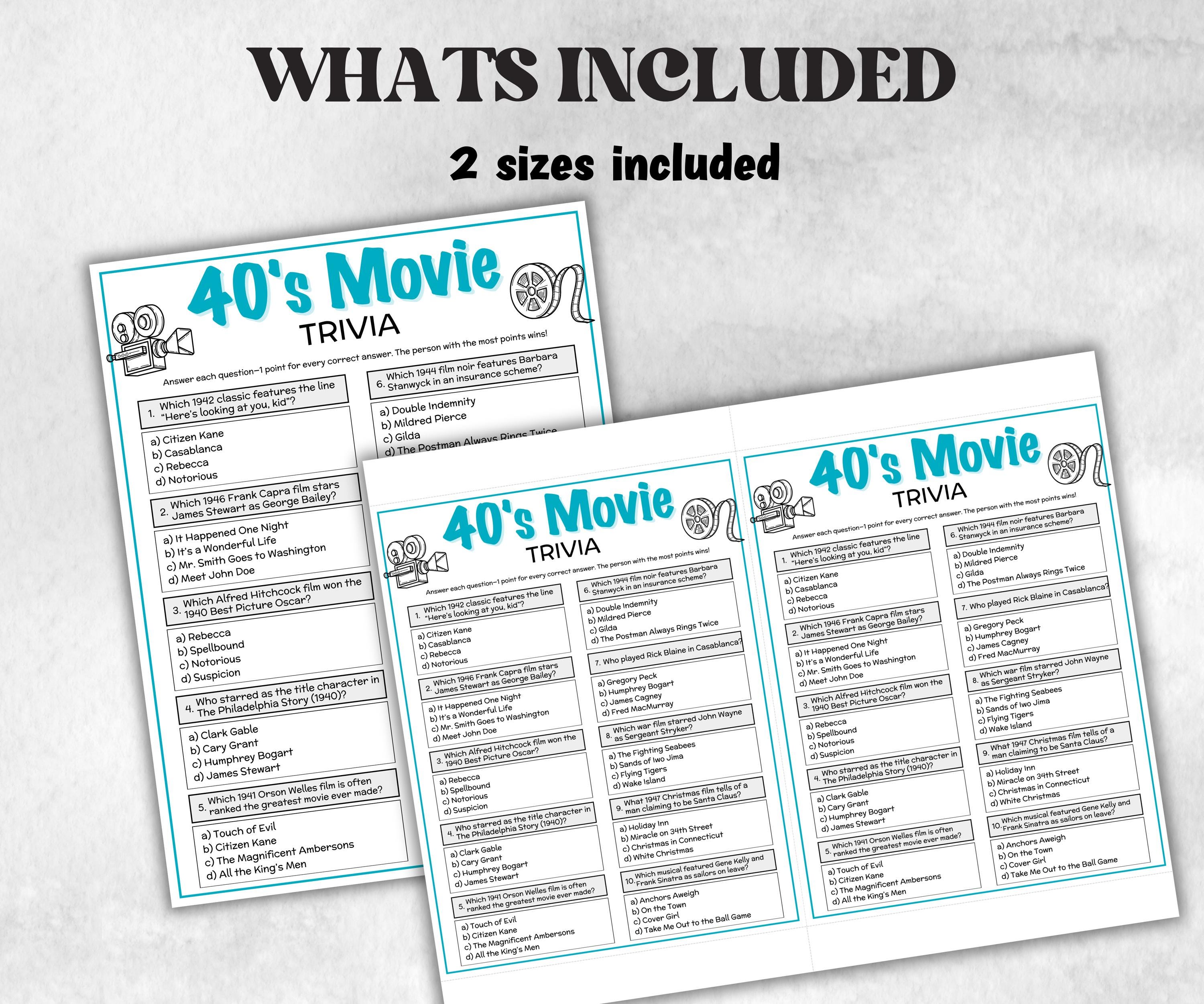 1940s Movie Trivia Game, Decades Movie Quiz, Silver Screen Movie Quote Trivia, 85th Birthday, senior game Night, Movie Award Ceremony Party-Holidays -TheHustlingCatLady-Party Games