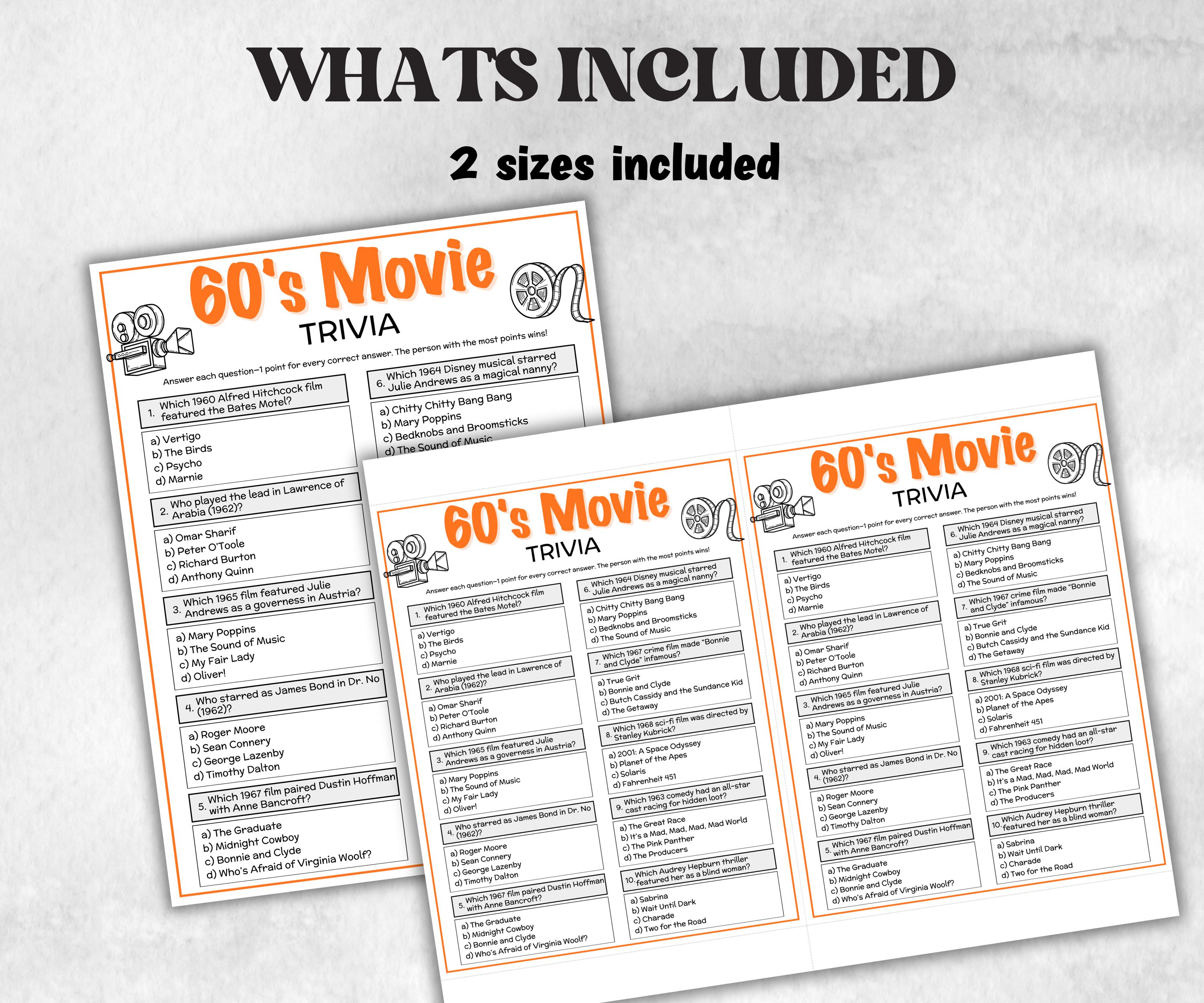 1960s Movie Trivia Game, Decades Movie Quiz, Silver Screen Movie Quote Trivia, 65th Birthday, senior game Night, Movie Award Ceremony Party-Holidays -TheHustlingCatLady-Party Games