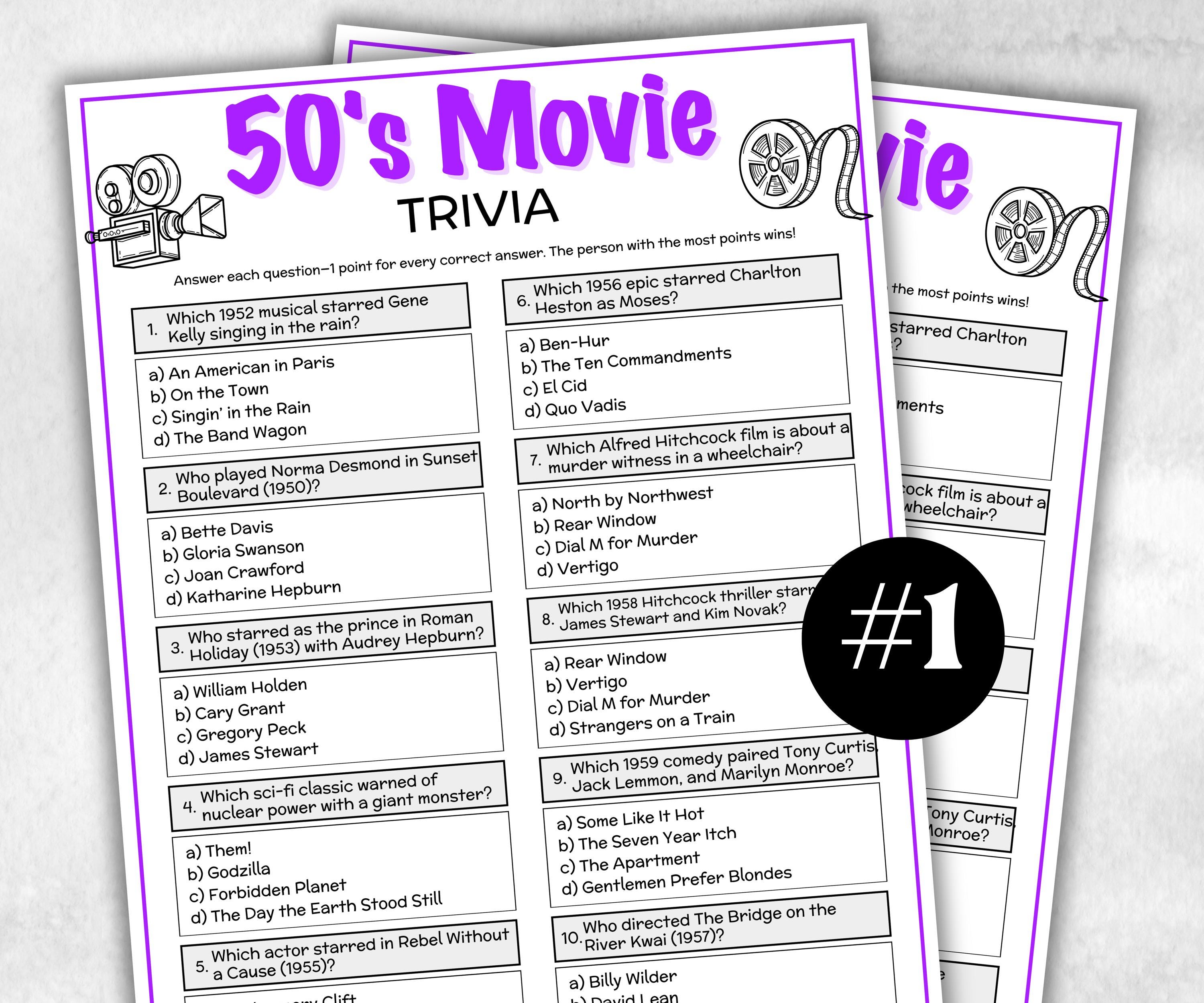 1950s Movie Trivia Game, Decades Movie Quiz, Silver Screen Movie Quote Trivia, 75th Birthday, senior game Night, Movie Award Ceremony Party-Holidays -TheHustlingCatLady-Party Games